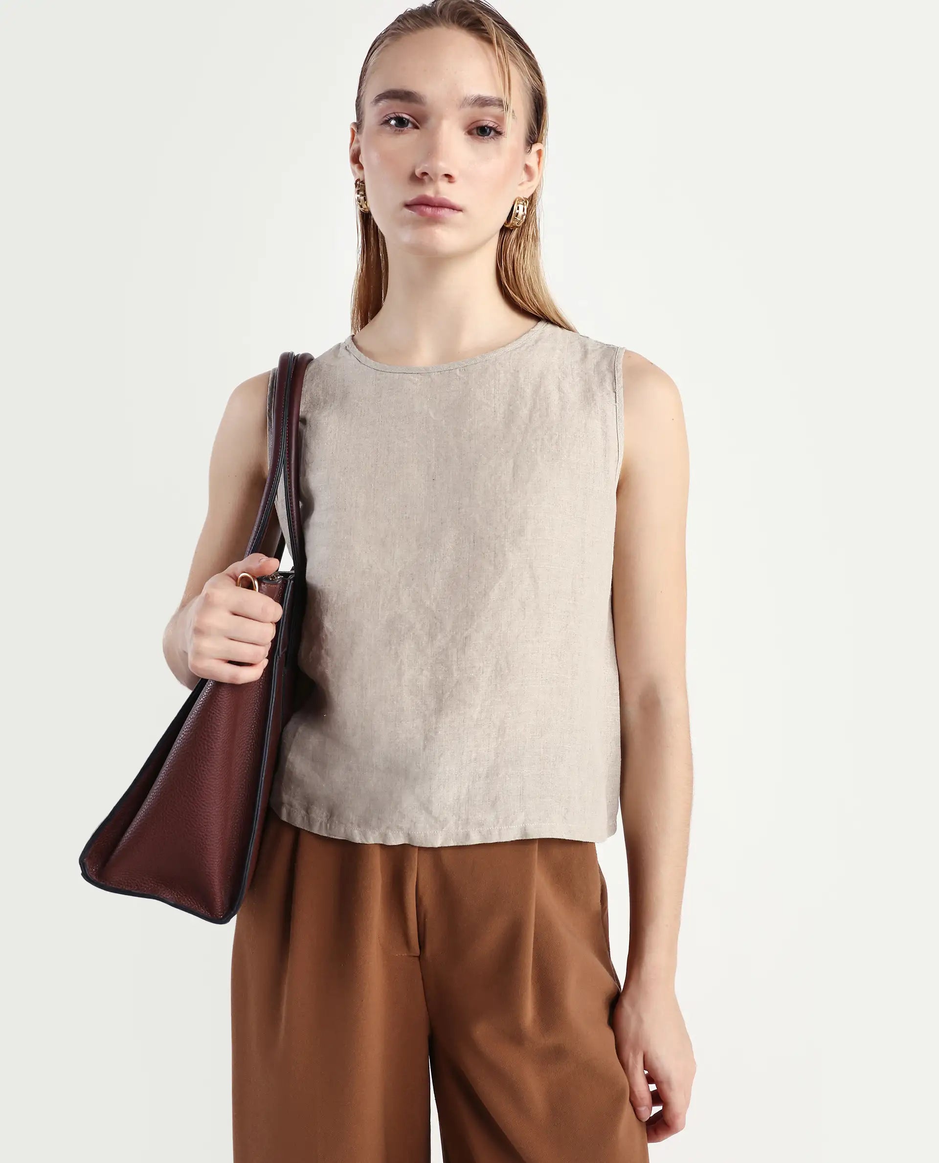 Rareism Women's Nenk Dark Beige 100% Linen Sleeveless Crew Neck Regular Fit Plain Top
