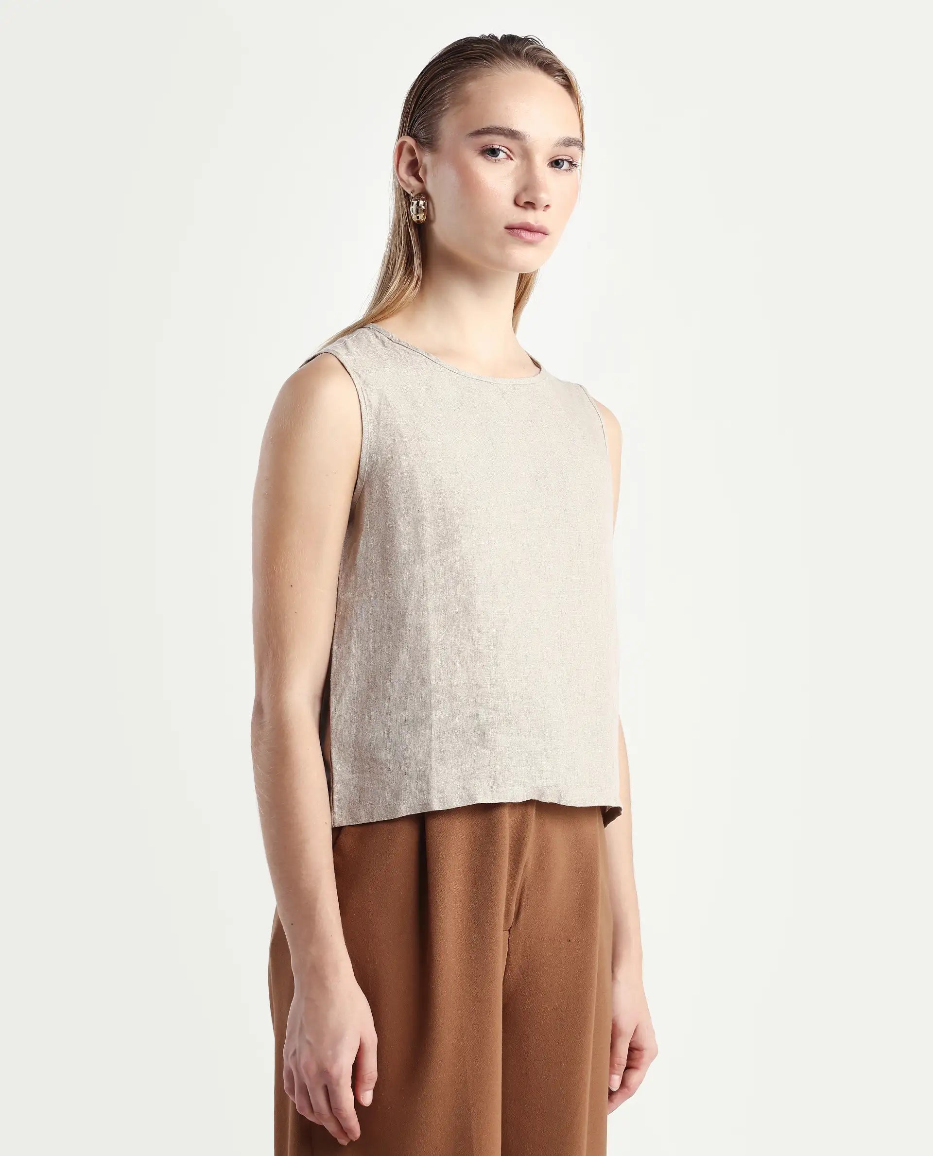 Rareism Women's Nenk Dark Beige 100% Linen Sleeveless Crew Neck Regular Fit Plain Top