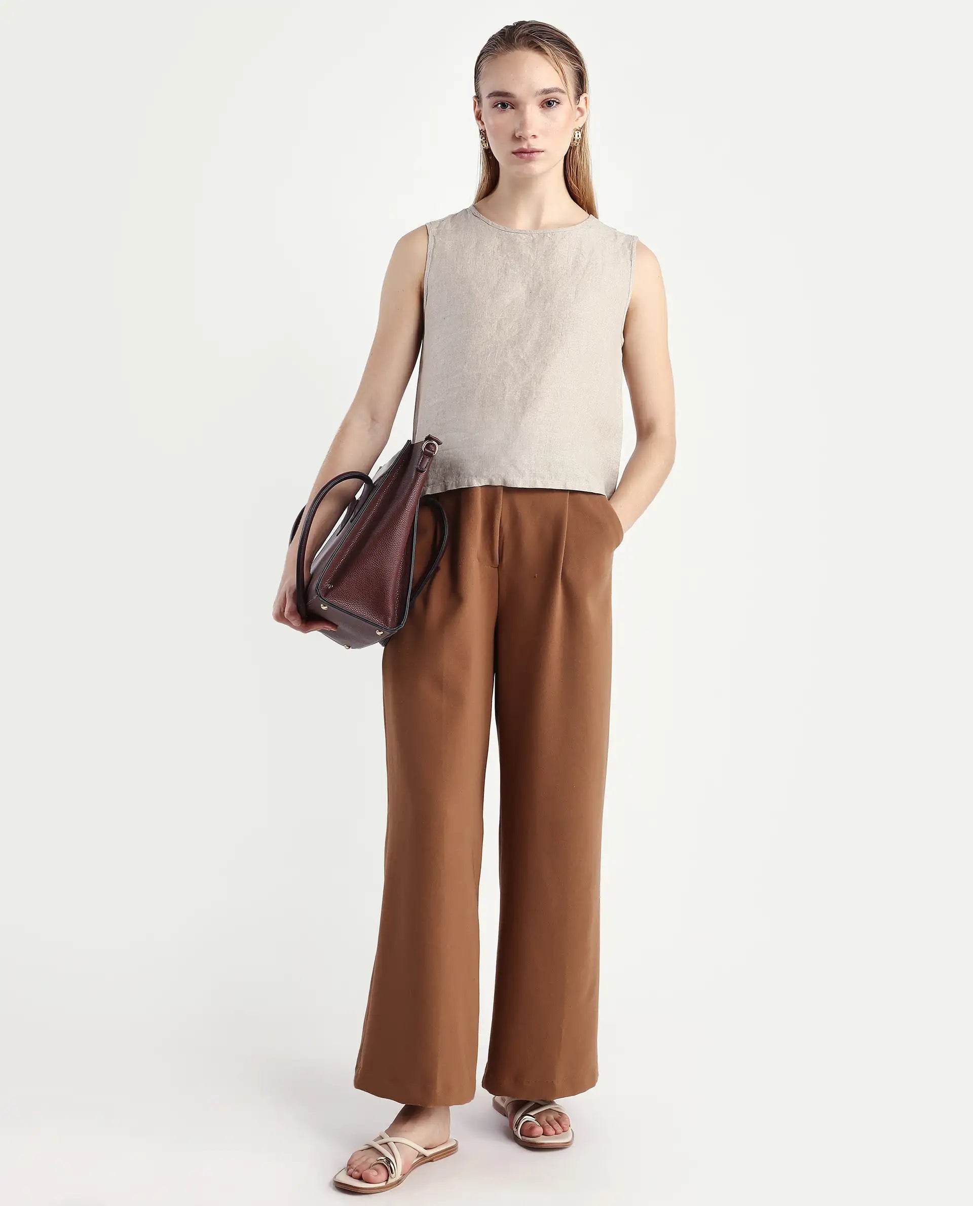 Rareism Women's Nenk Dark Beige Linen Sleeveless Crew Neck Regular Fit Plain Top