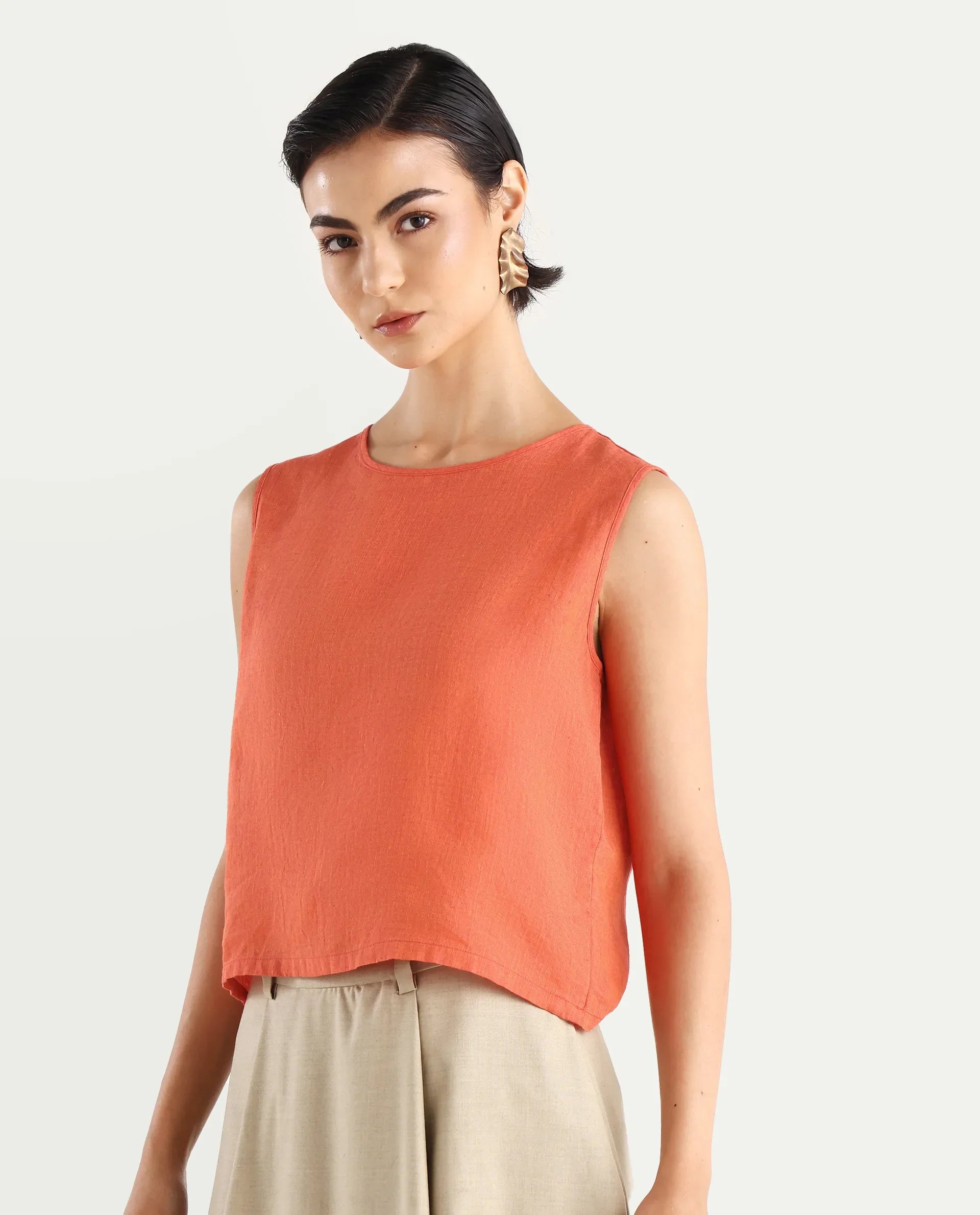 Rareism Women's Nenk Orange 100% Linen Sleeveless Crew Neck Regular Fit Plain Top