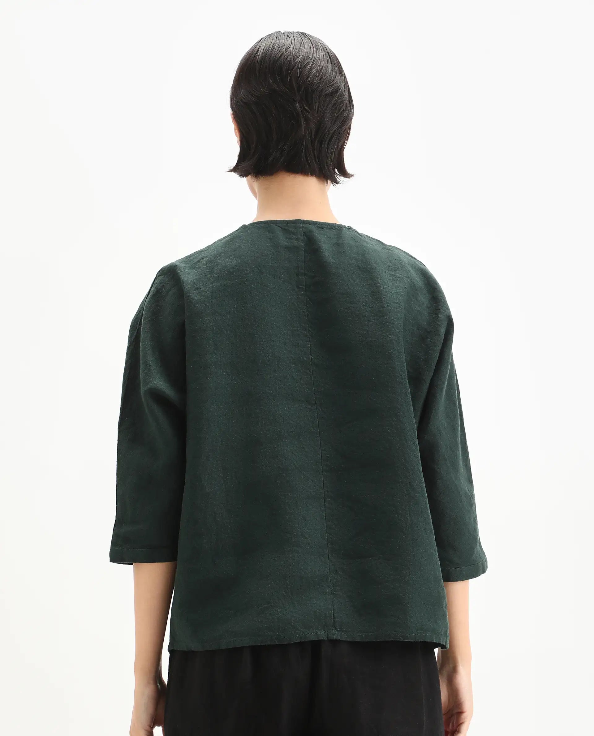 Rareism Women's Nenma Dark Green Linen Kimono Sleeve V-Neck Relaxed Fit Plain Top