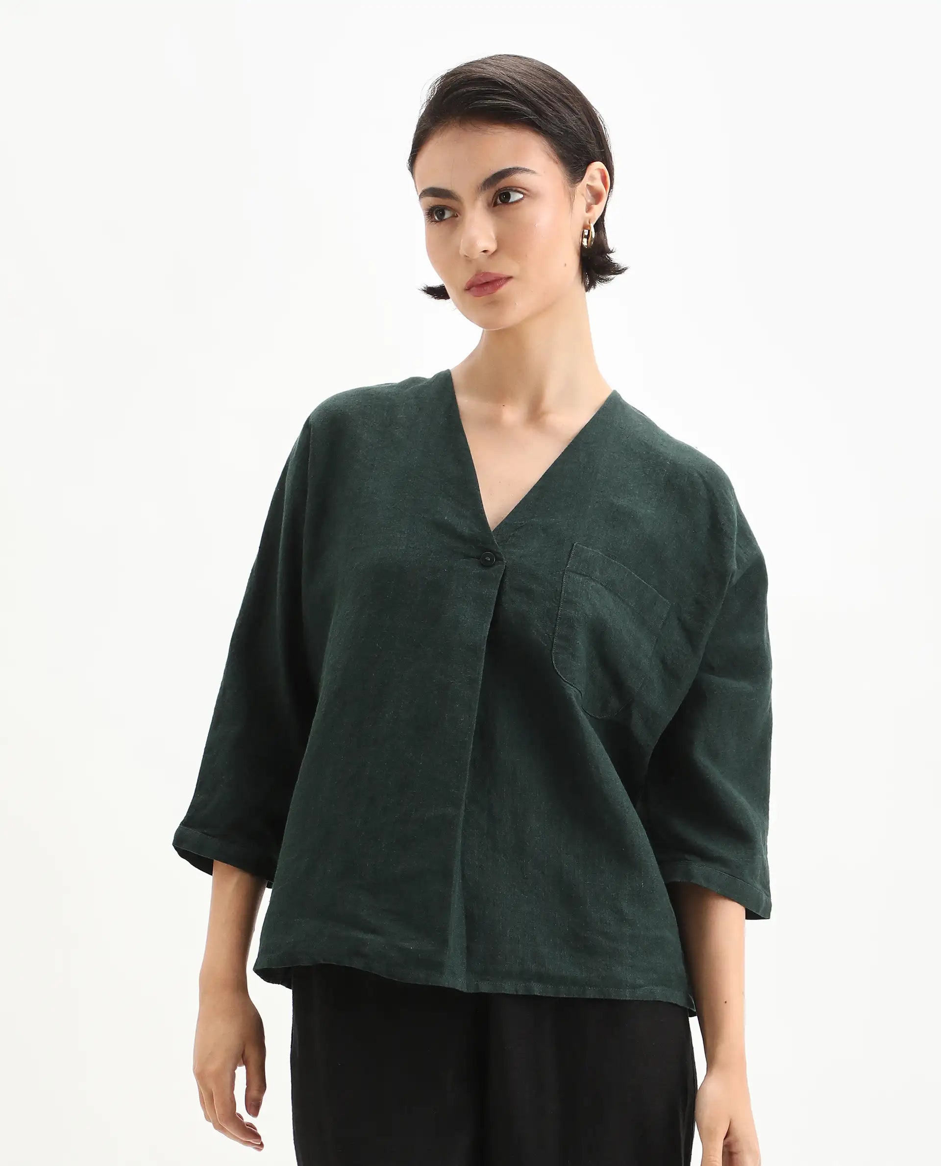 Rareism Women's Nenma Dark Green Linen Kimono Sleeve V-Neck Relaxed Fit Plain Top
