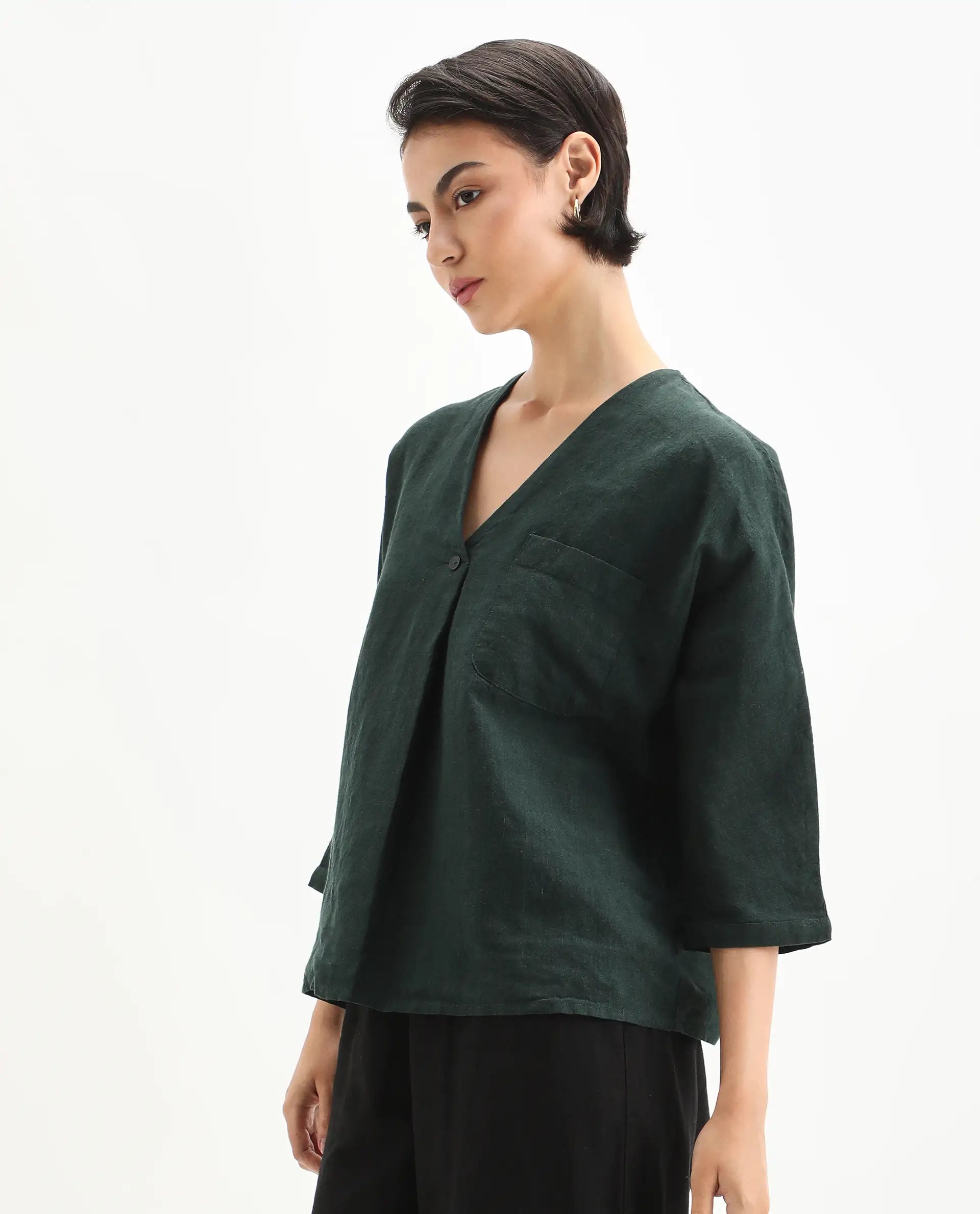 Rareism Women's Nenma Dark Green Linen Kimono Sleeve V-Neck Relaxed Fit Plain Top