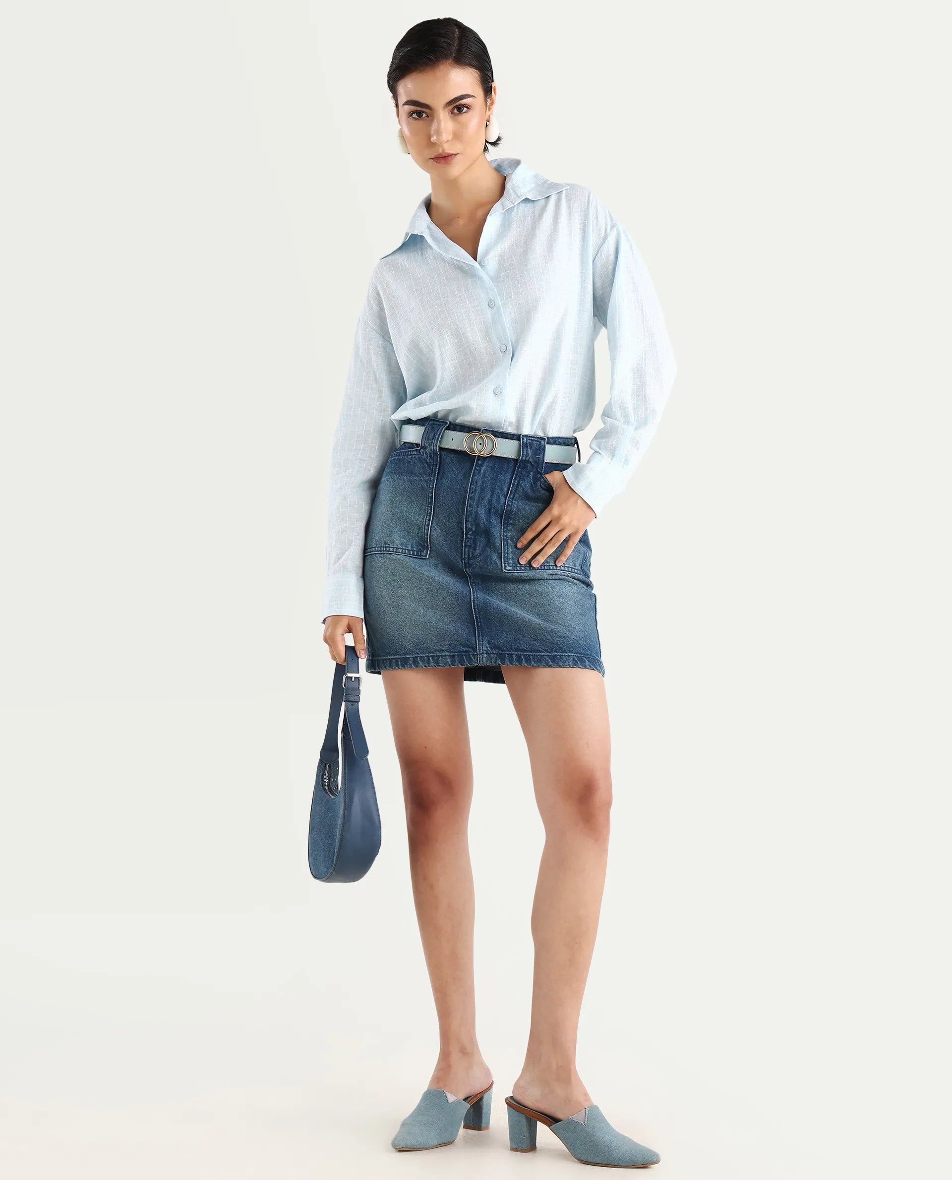 Rareism Women's Nenora Light Blue 100% Linen Spread Collar Boxy Fit Shirt
