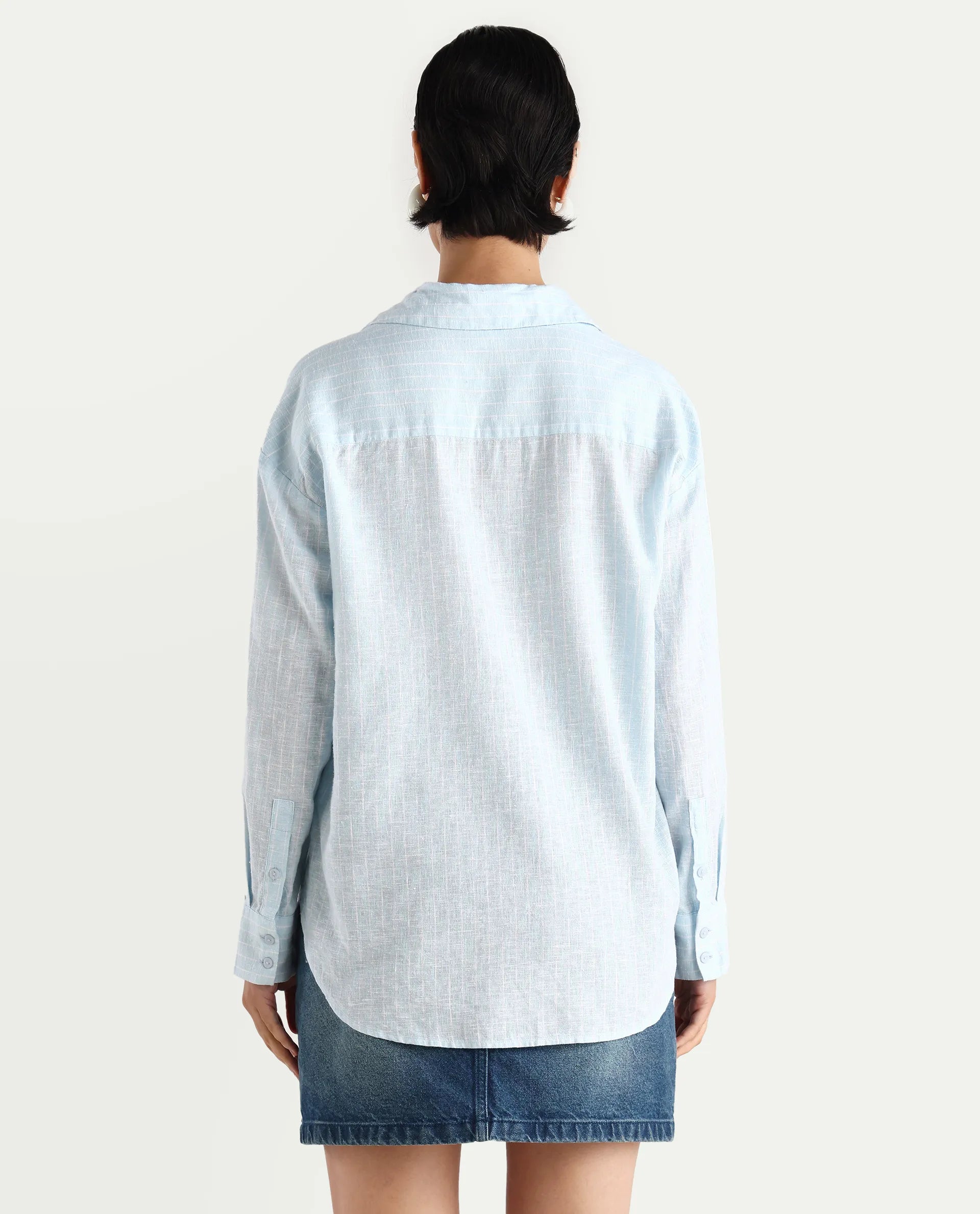 Rareism Women's Nenora Light Blue 100% Linen Spread Collar Boxy Fit Shirt