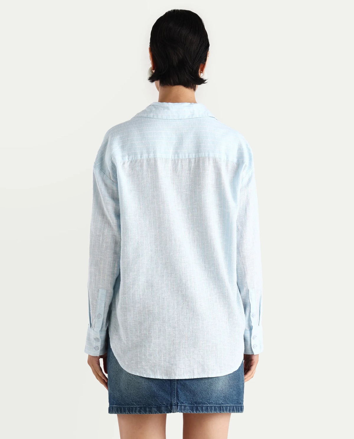 Rareism Women's Nenora Light Blue 100% Linen Spread Collar Boxy Fit Shirt