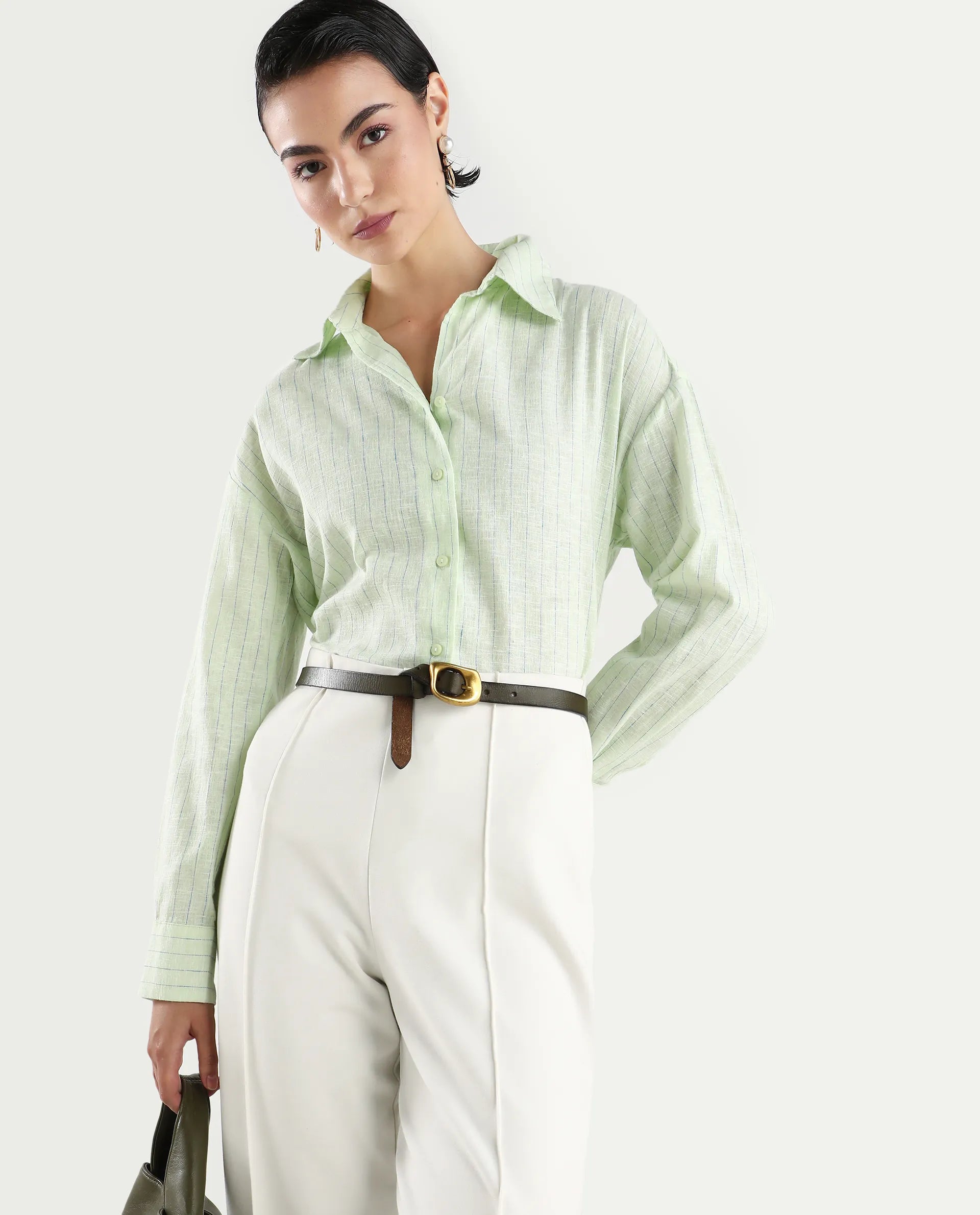 Rareism Women's Nenora Light Green Linen Spread Collar Boxy Fit Shirt