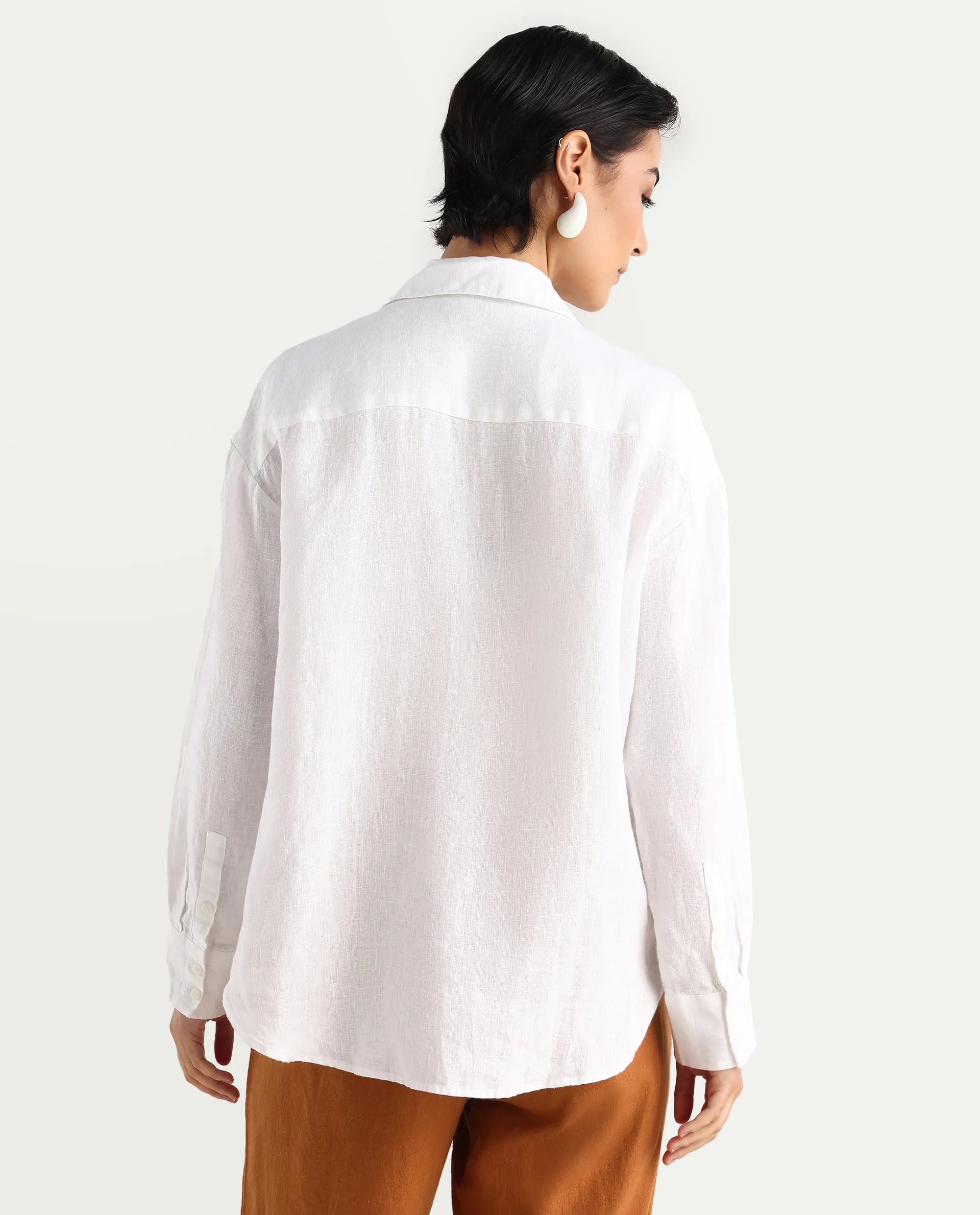 Rareism Women's Nenorat White Linen Spread Collar Boxy Fit Shirt