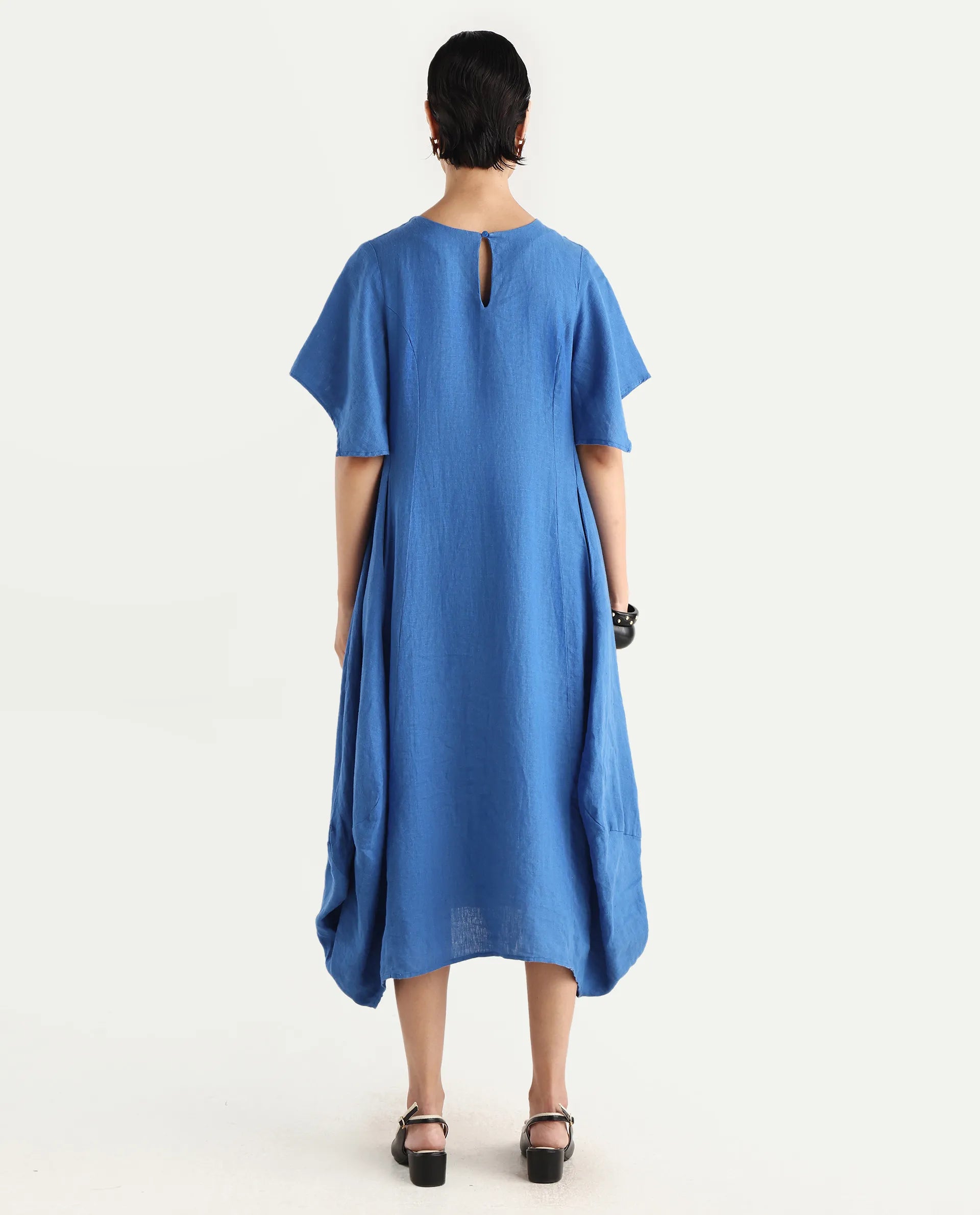 Rareism Women's Nensyt Blue 100% Linen Crew Neck Relaxed Fit Plain Dress