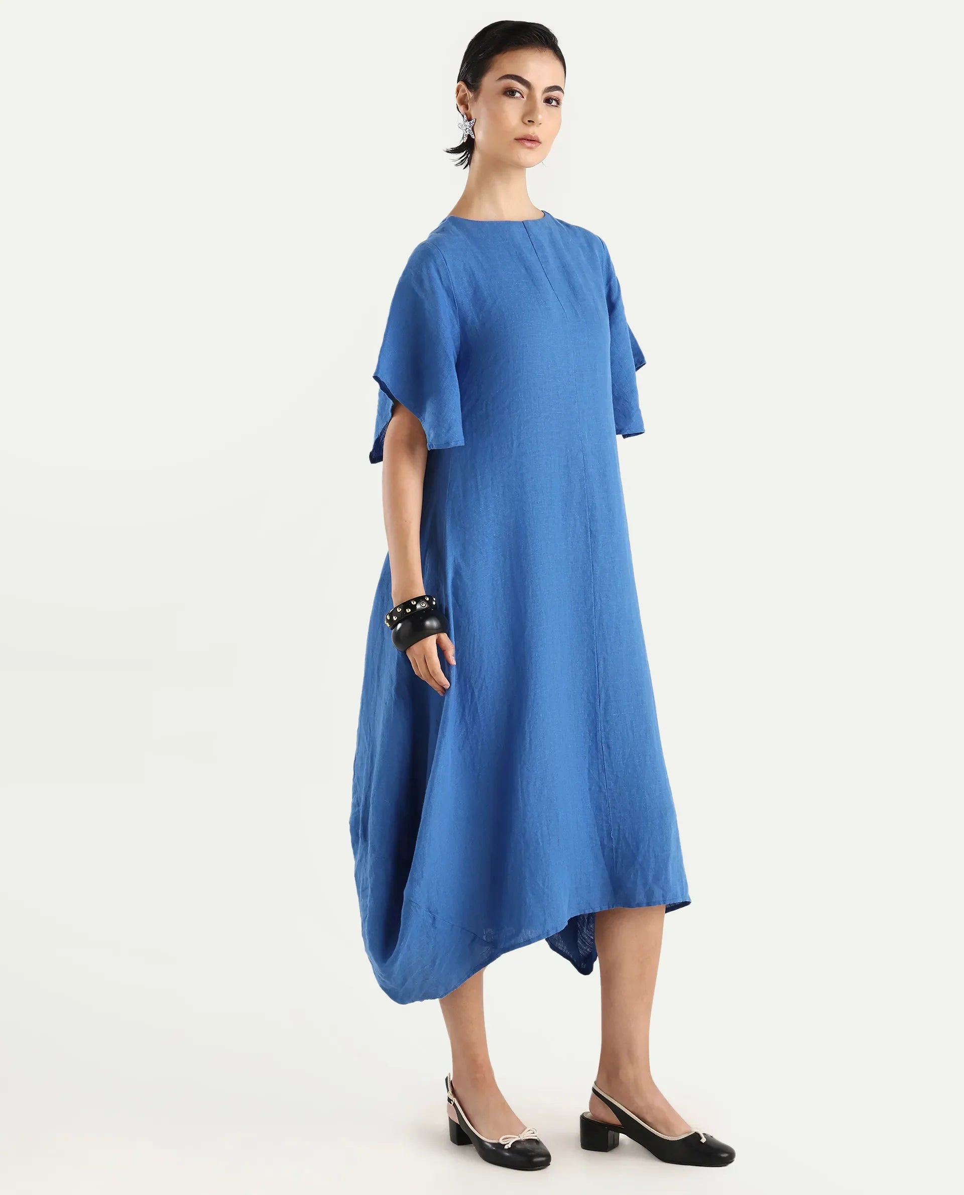 Rareism Women's Nensyt Blue 100% Linen Crew Neck Relaxed Fit Plain Dress