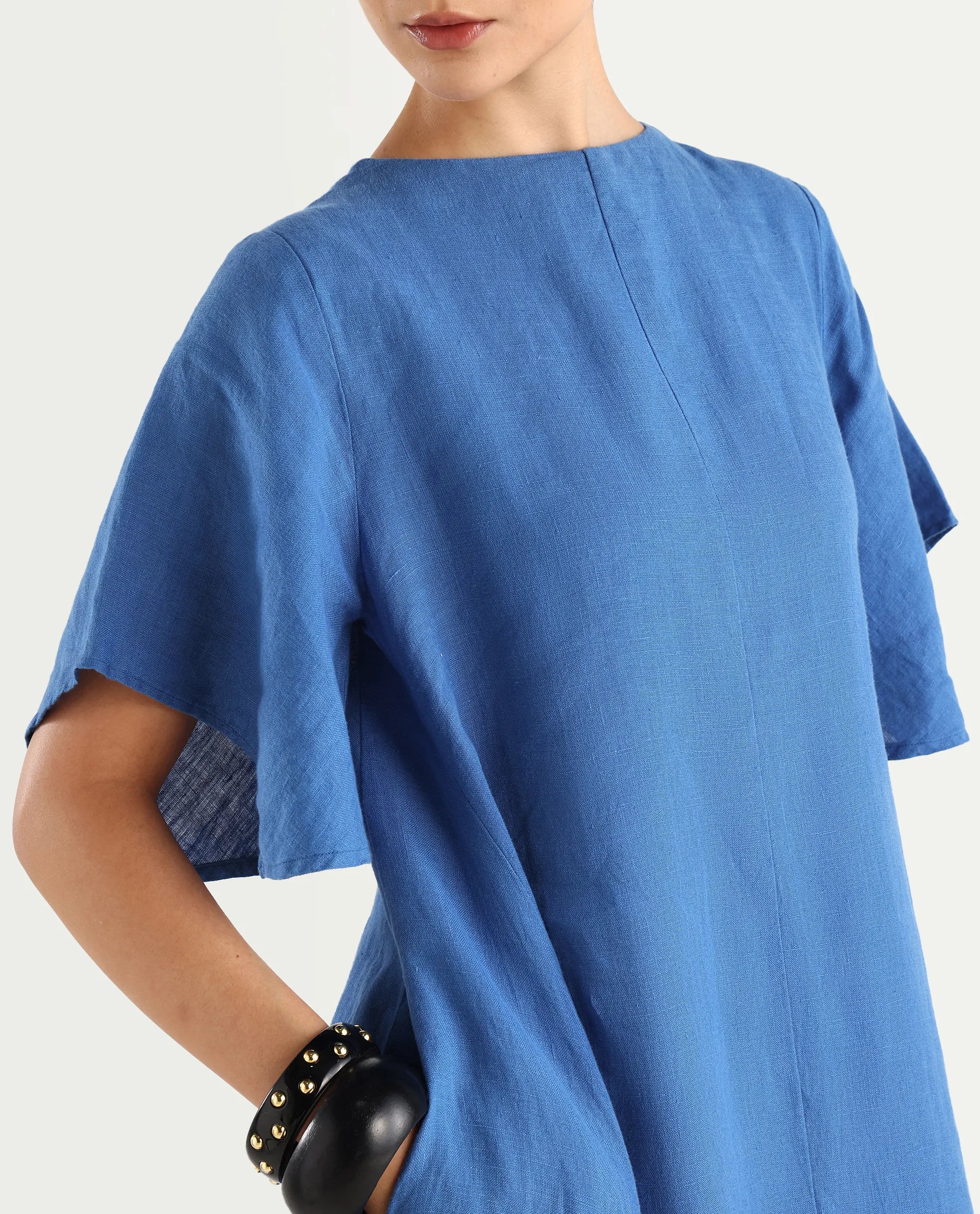Rareism Women's Nensyt Blue 100% Linen Crew Neck Relaxed Fit Plain Dress