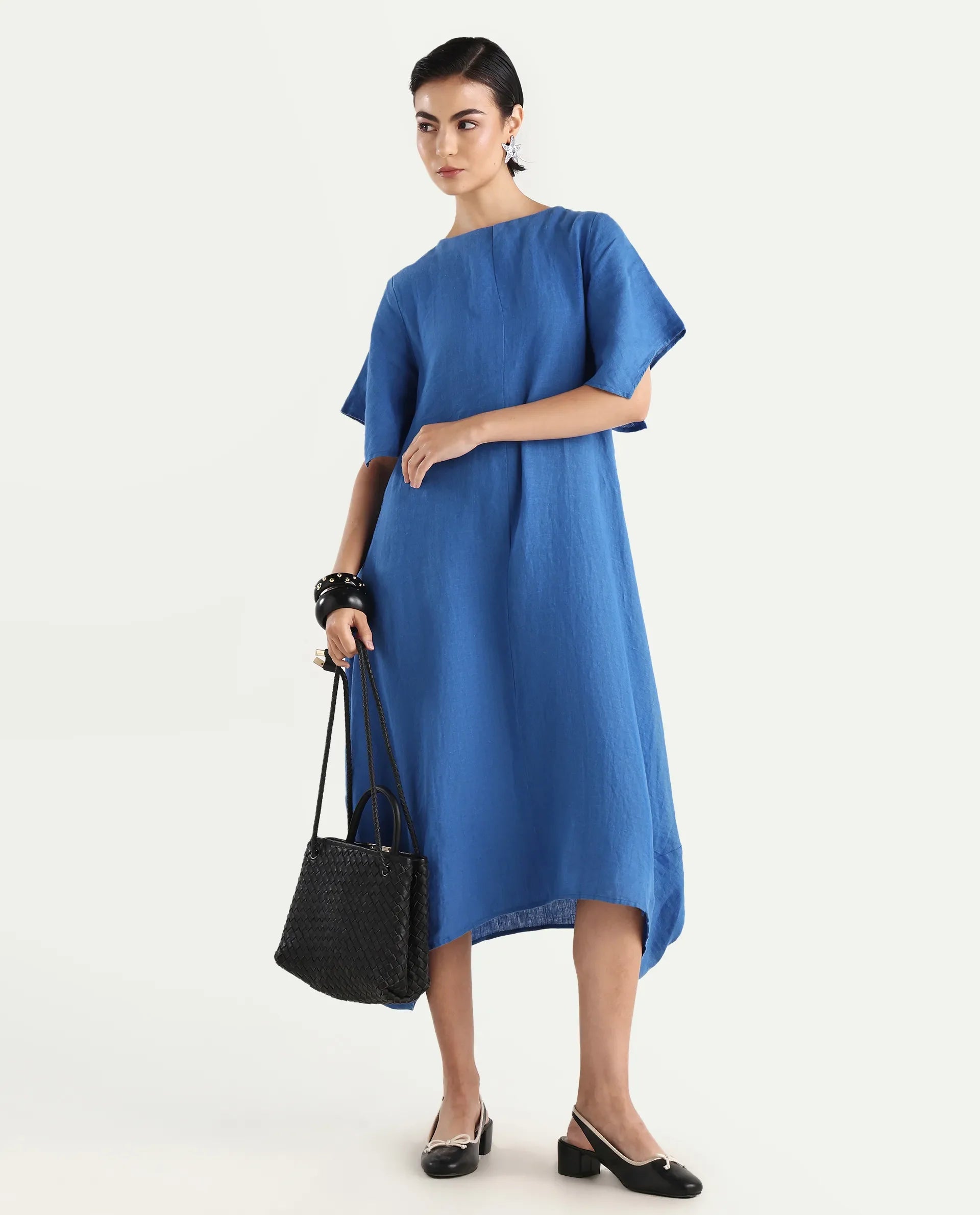 Rareism Women's Nensyt Blue 100% Linen Crew Neck Relaxed Fit Plain Dress
