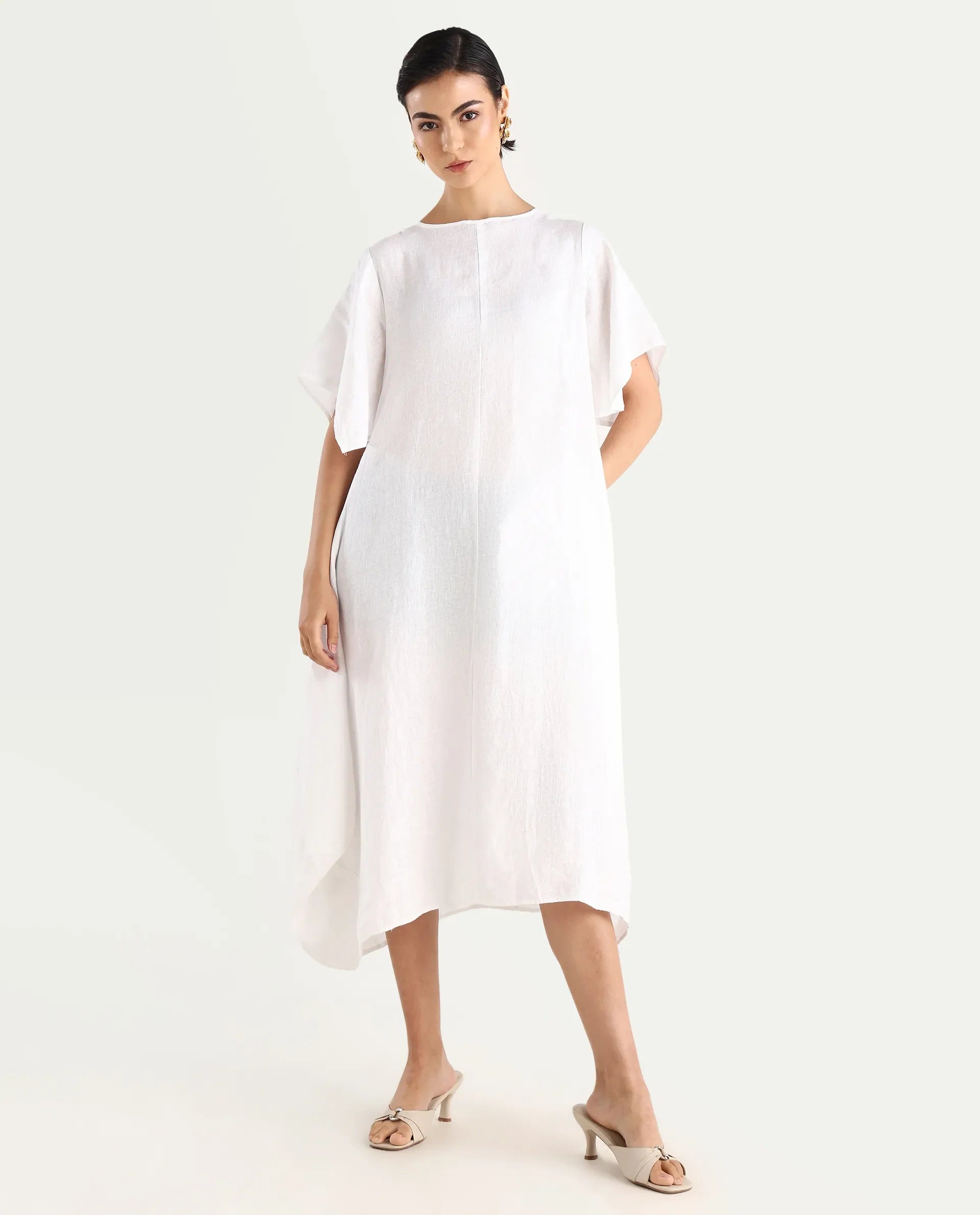 Rareism Women's Nensy White Linen Crew Neck Relaxed Fit Plain Dress