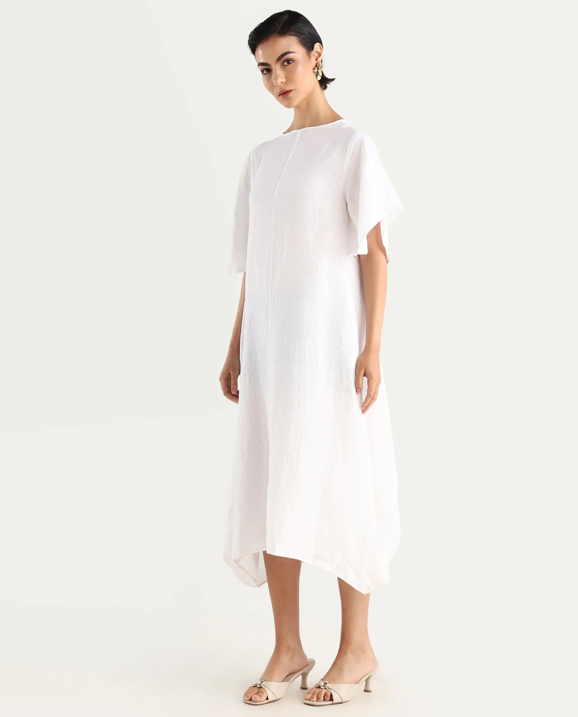 Rareism Women's Nensy White Linen Crew Neck Relaxed Fit Plain Dress