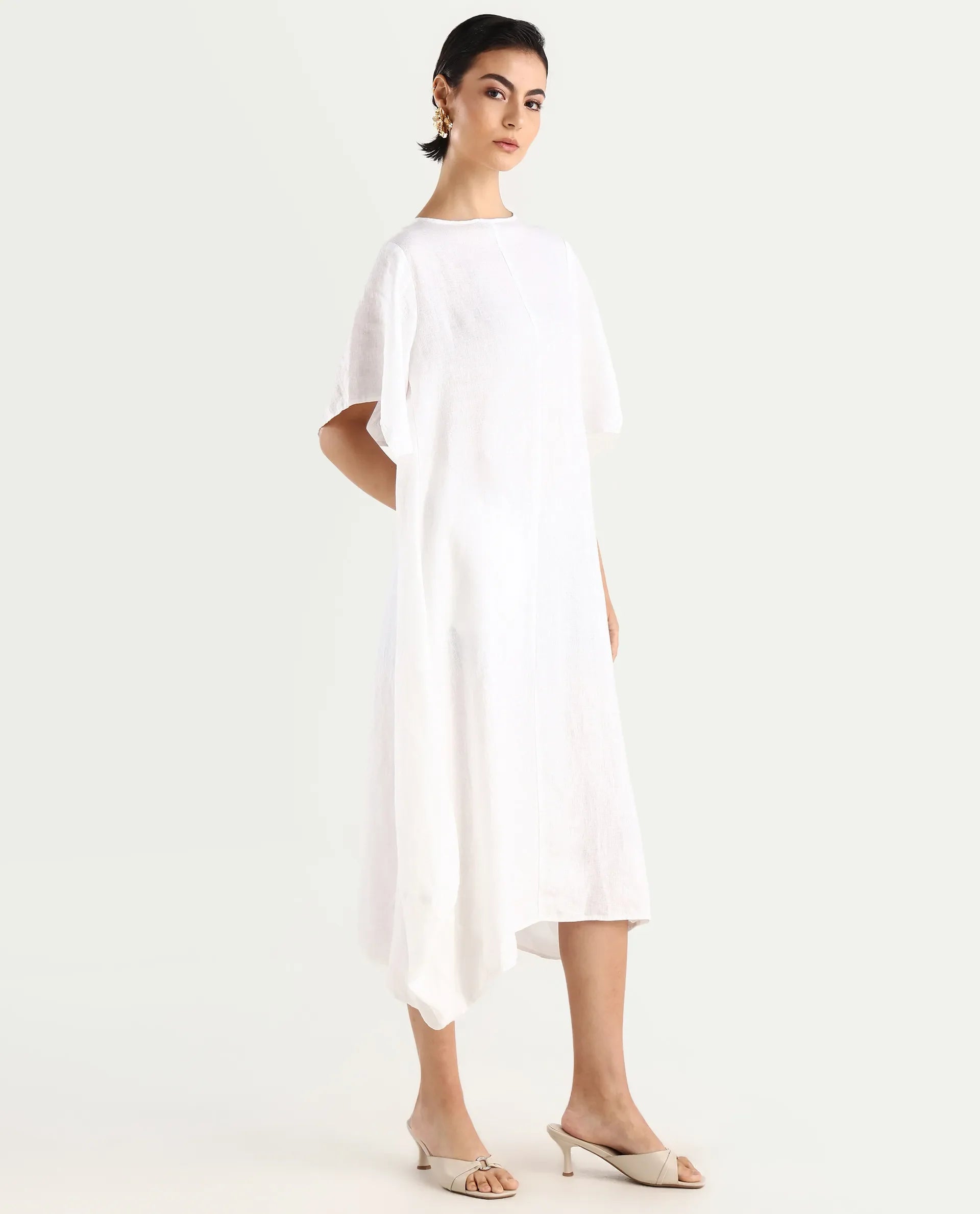 Rareism Women's Nensy White Linen Crew Neck Relaxed Fit Plain Dress