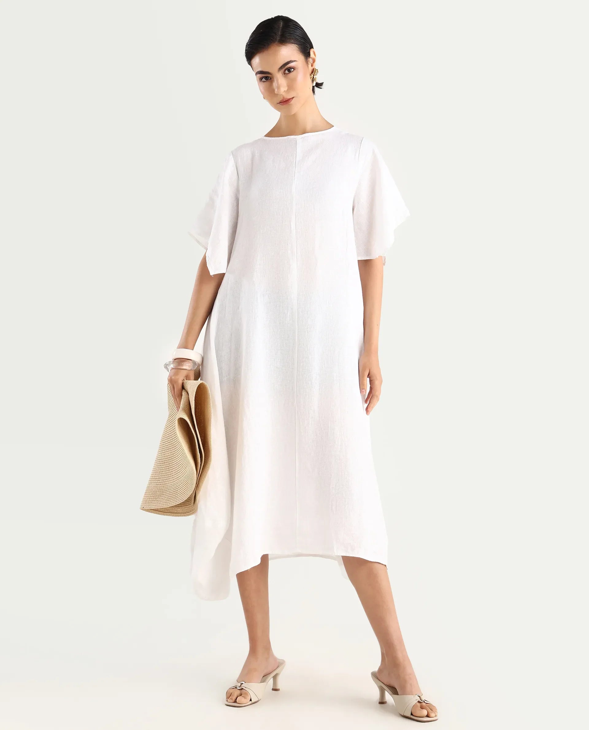Rareism Women's Nensy White Linen Crew Neck Relaxed Fit Plain Dress