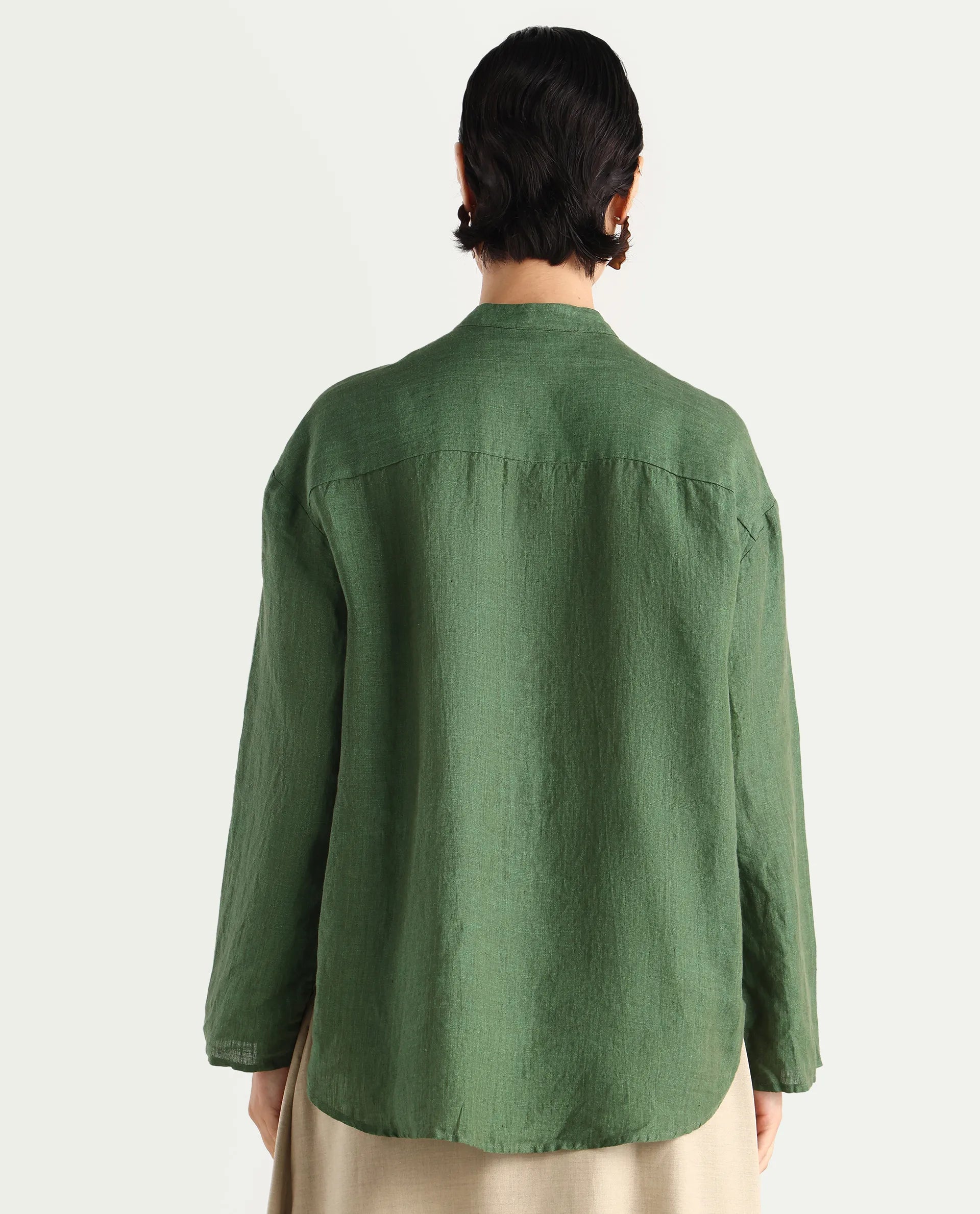 Rareism Women's Nent Dusky Green 100% Linen Mandarin Collar Regular Fit Top