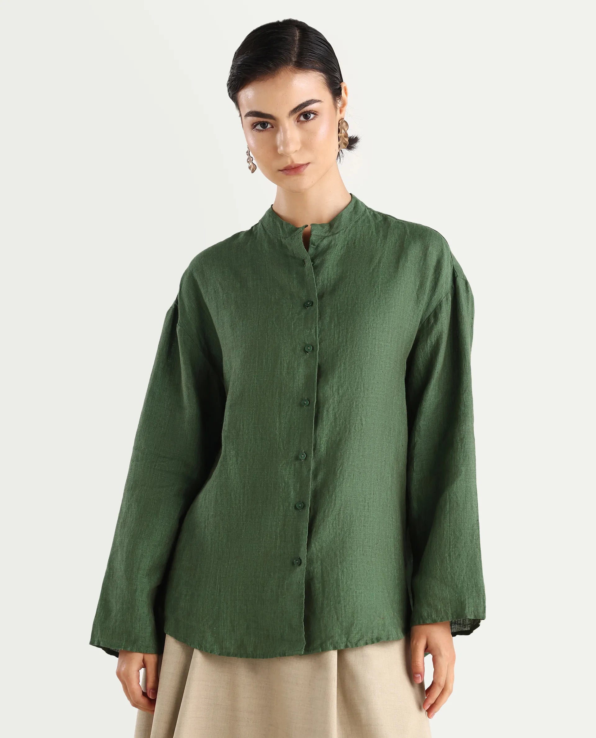 Rareism Women's Nent Dusky Green Linen Mandarin Collar Regular Fit Top