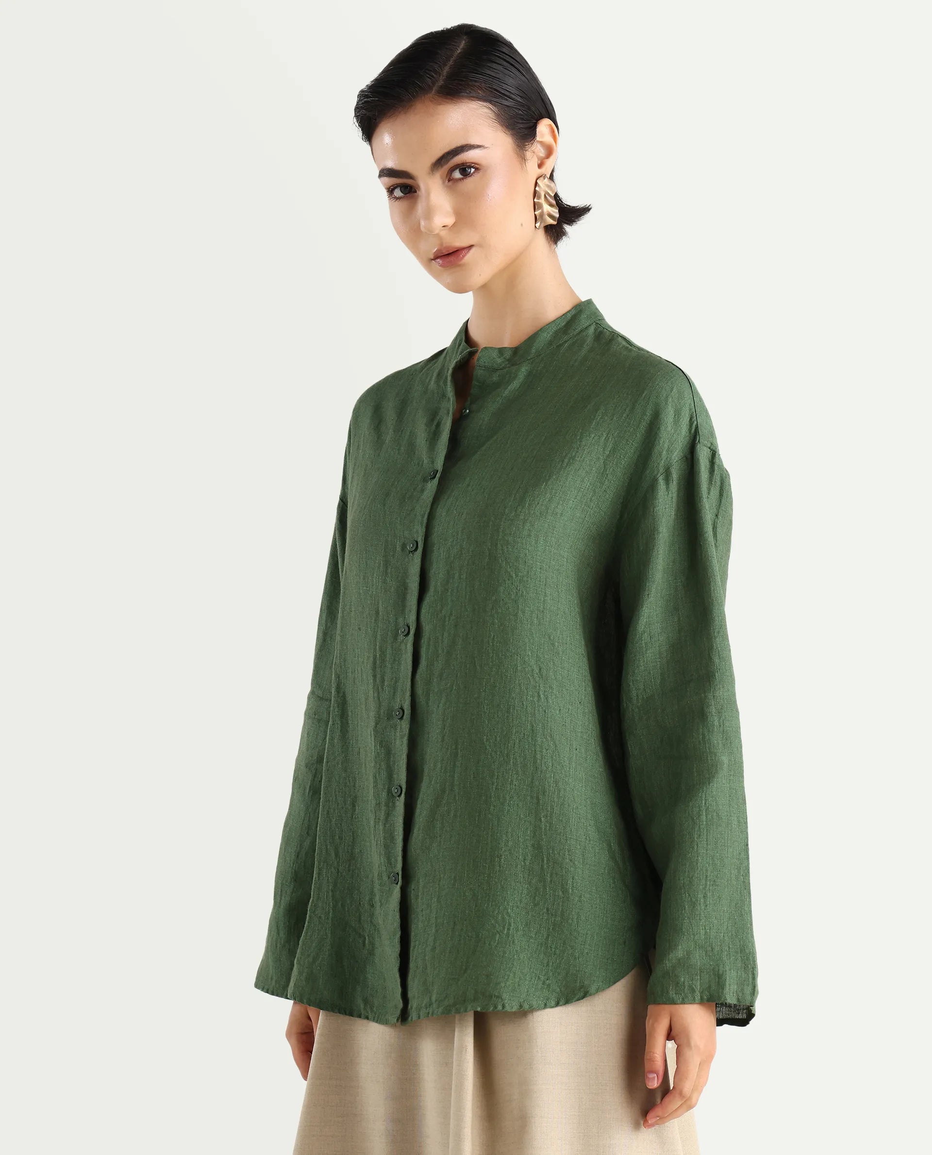 Rareism Women's Nent Dusky Green Linen Mandarin Collar Regular Fit Top