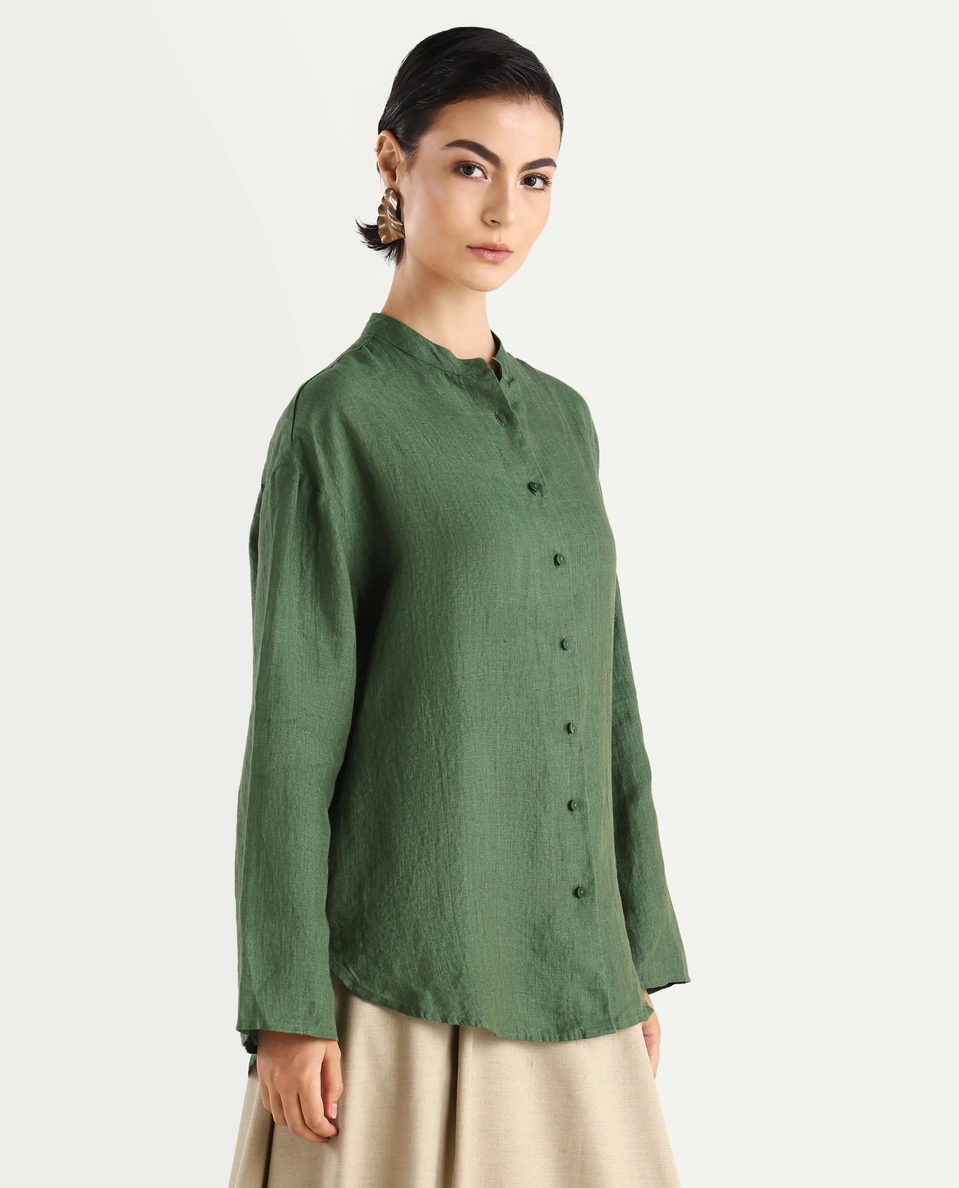 Rareism Women's Nent Dusky Green Linen Mandarin Collar Regular Fit Top