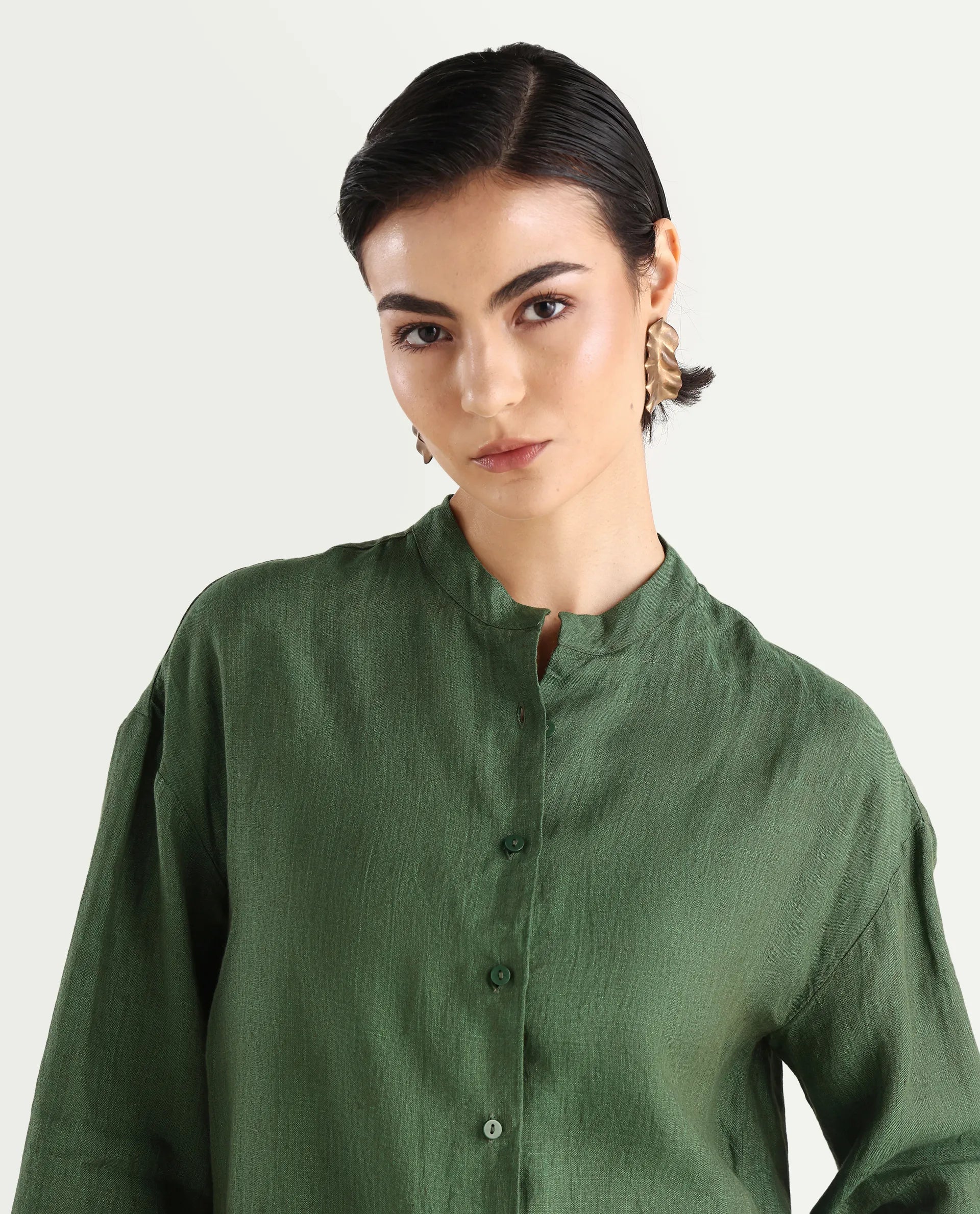 Rareism Women's Nent Dusky Green Linen Mandarin Collar Regular Fit Top