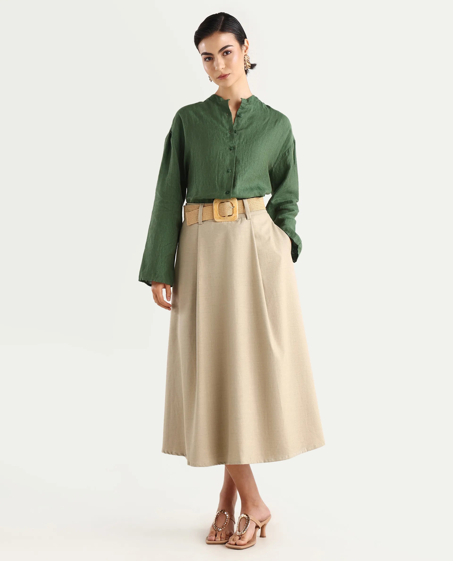 Rareism Women's Nent Dusky Green Linen Mandarin Collar Regular Fit Top