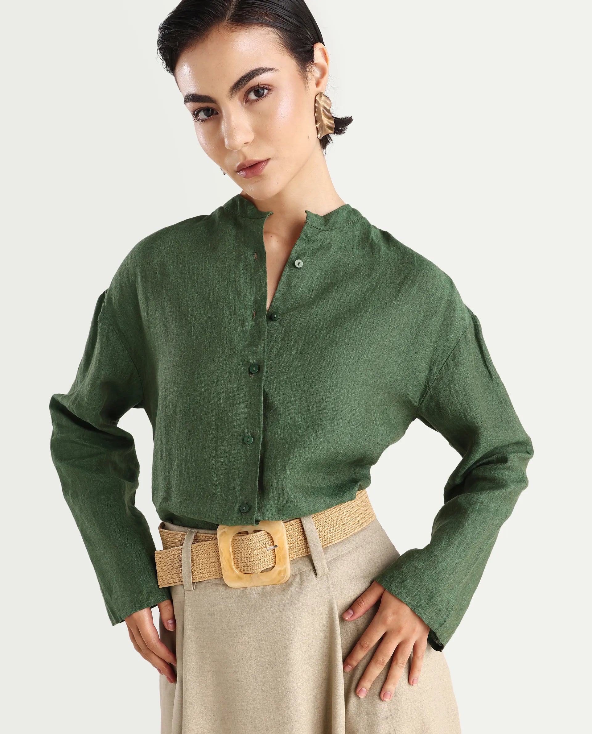 Rareism Women's Nent Dusky Green Linen Mandarin Collar Regular Fit Top