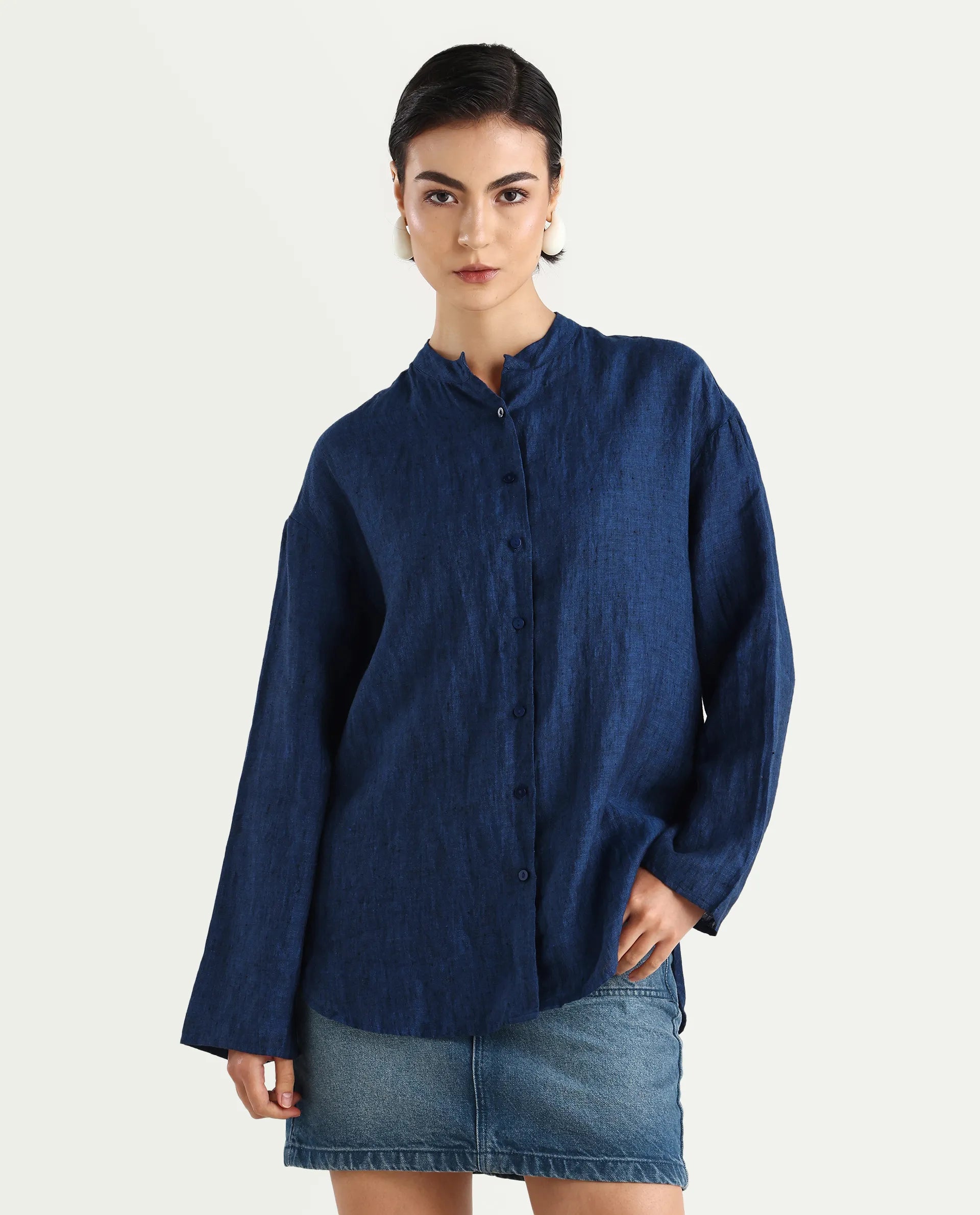 Rareism Women's Nent Navy 100% Linen Mandarin Collar Regular Fit Top