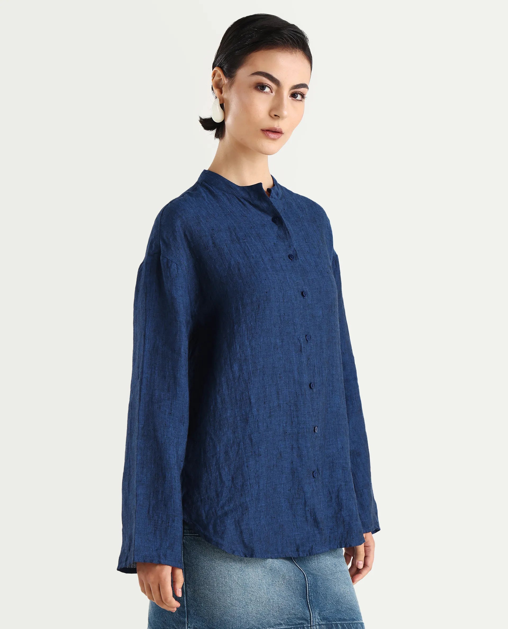 Rareism Women's Nent Navy Linen Mandarin Collar Regular Fit Top