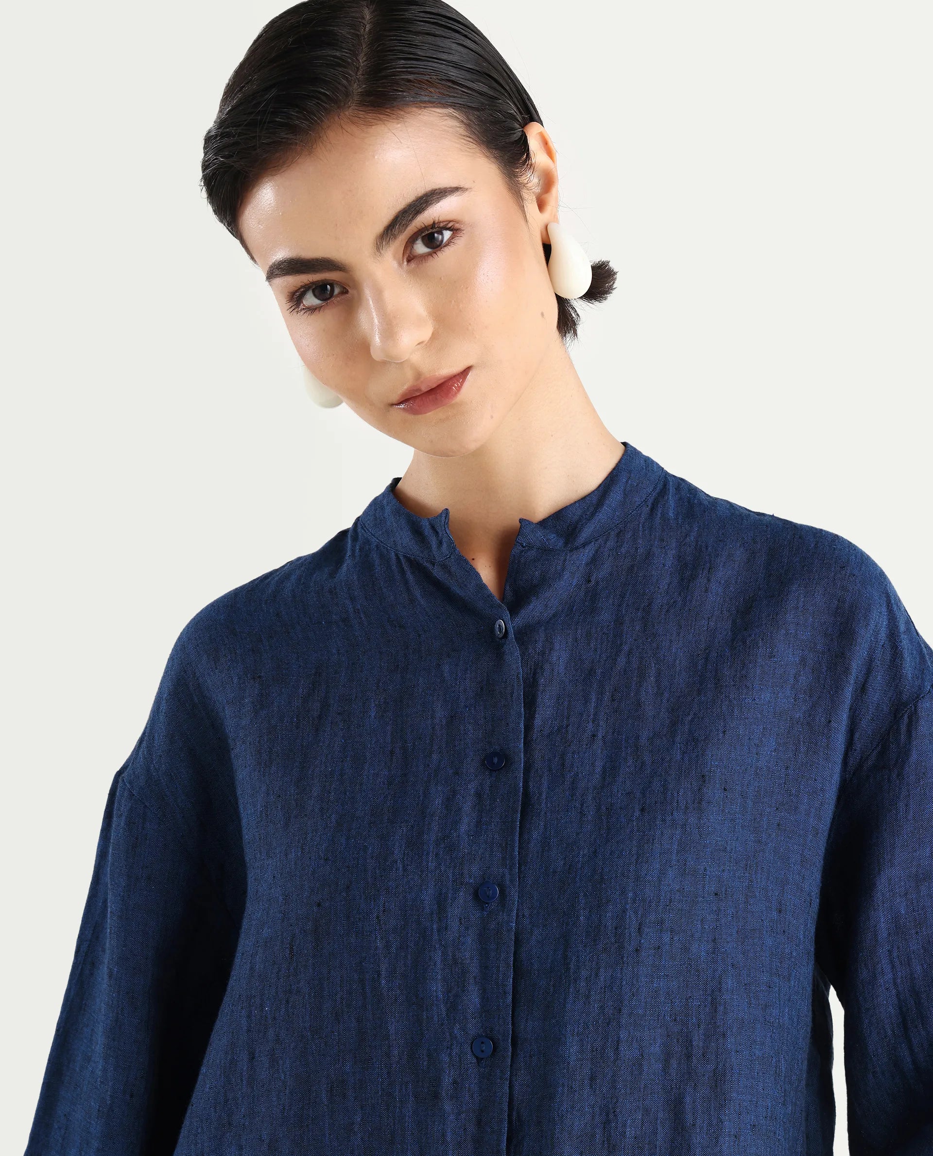 Rareism Women's Nent Navy Linen Mandarin Collar Regular Fit Top