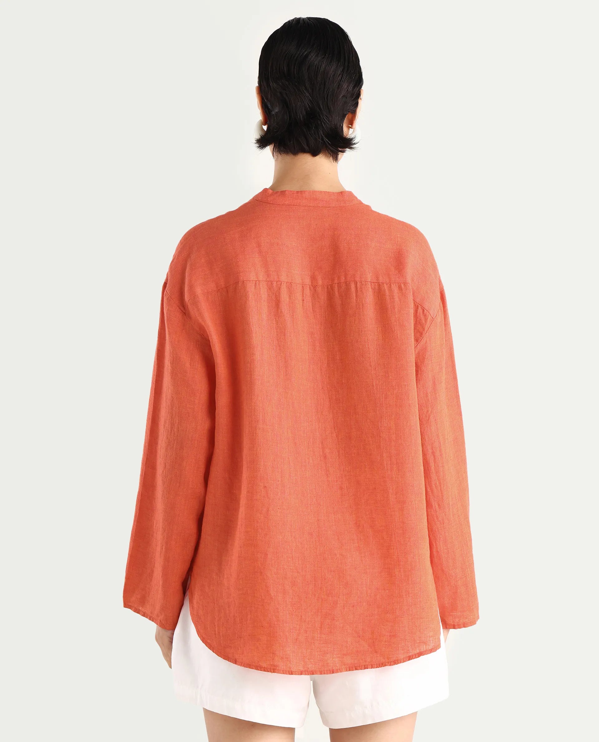 Rareism Women's Nent Orange Linen Mandarin Collar Regular Fit Plain Top