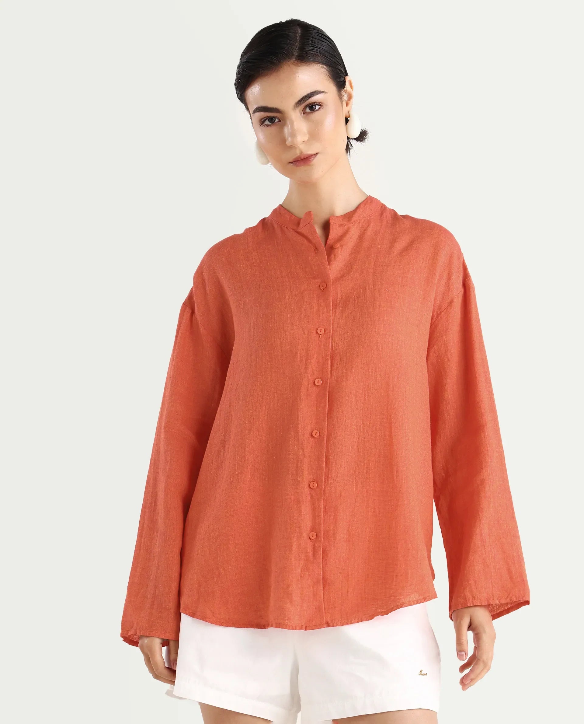 Rareism Women's Nent Orange Linen Mandarin Collar Regular Fit Plain Top