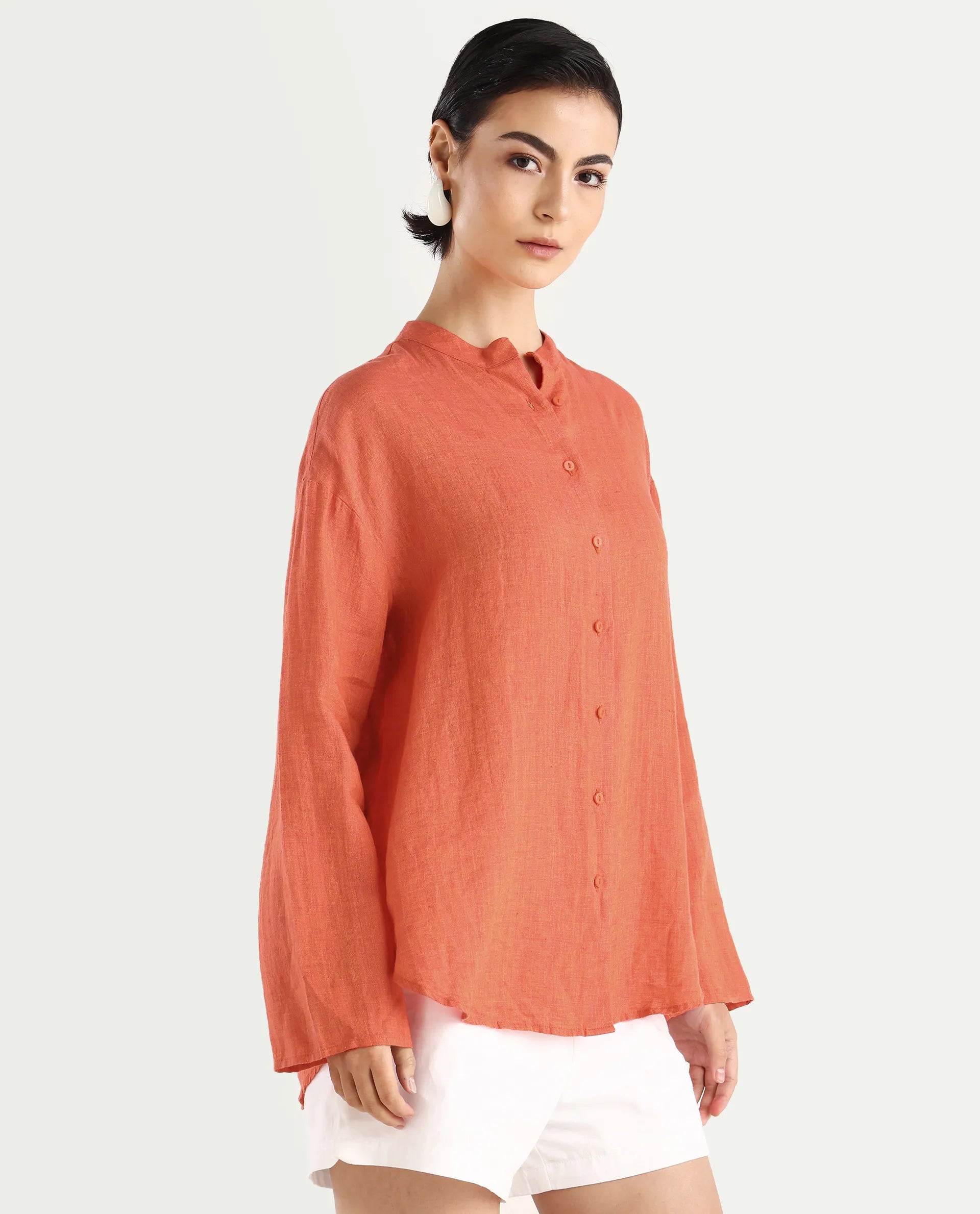 Rareism Women's Nent Orange Linen Mandarin Collar Regular Fit Plain Top
