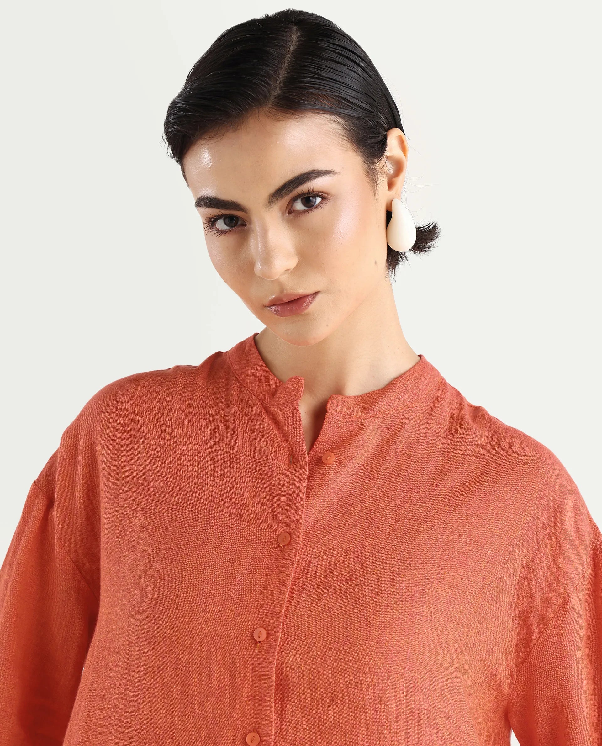 Rareism Women's Nent Orange Linen Mandarin Collar Regular Fit Plain Top