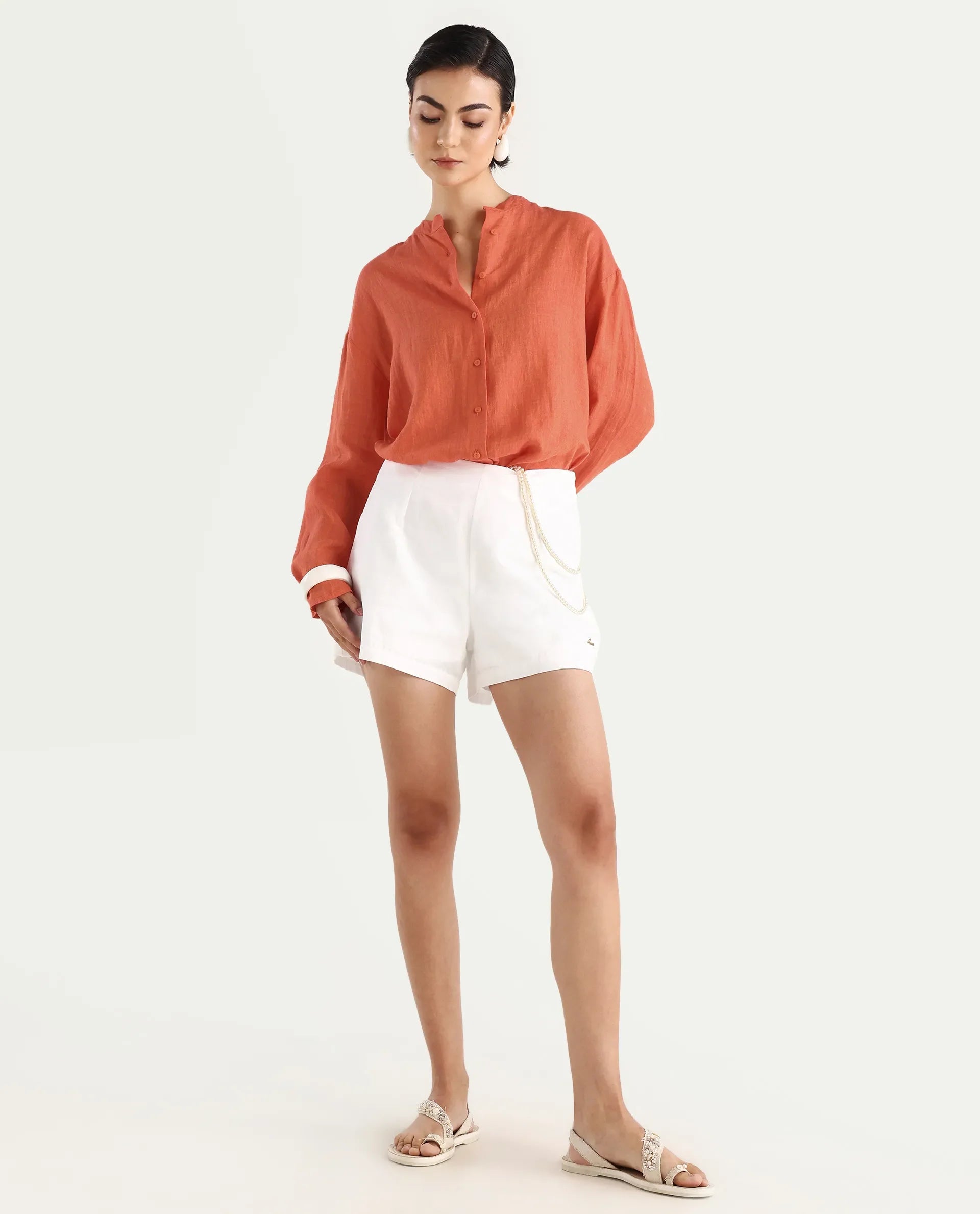 Rareism Women's Nent Orange Linen Mandarin Collar Regular Fit Plain Top