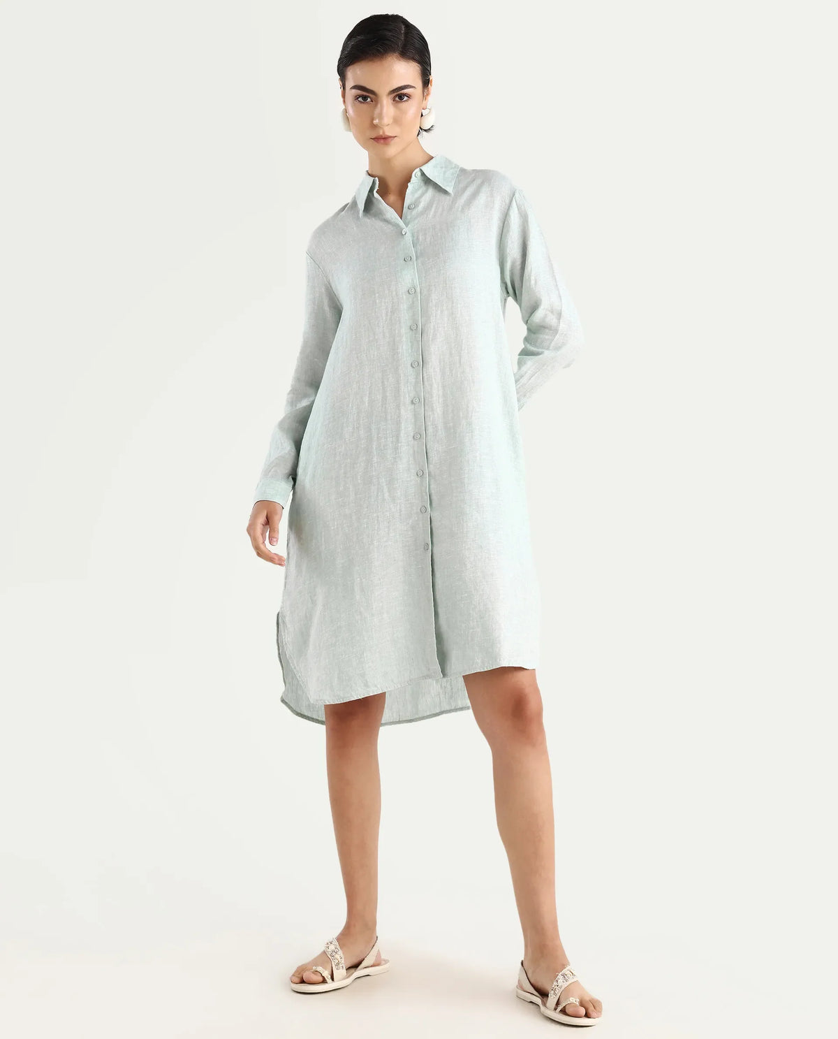 Rareism Women's Nentu Dusky Green 100% Linen Cuffed Sleeve Spread Collar Relaxed Fit Plain Dress
