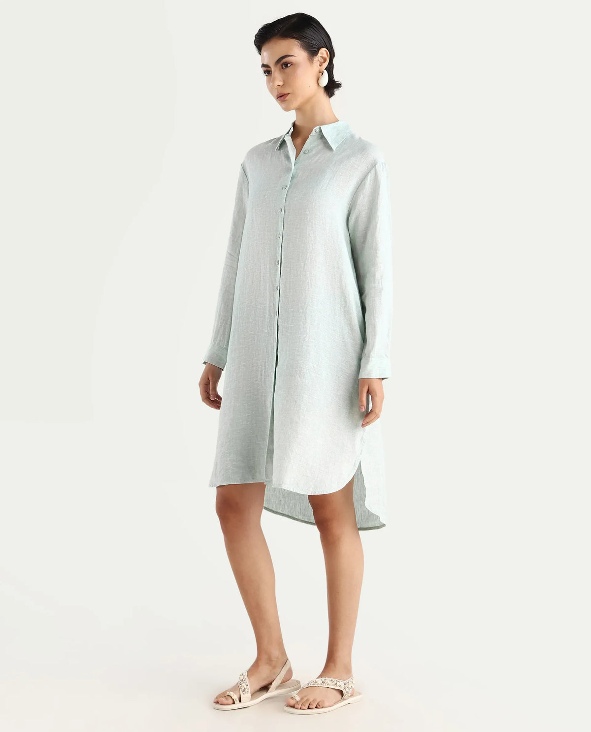 Rareism Women's Nentu Dusky Green 100% Linen Cuffed Sleeve Spread Collar Relaxed Fit Plain Dress