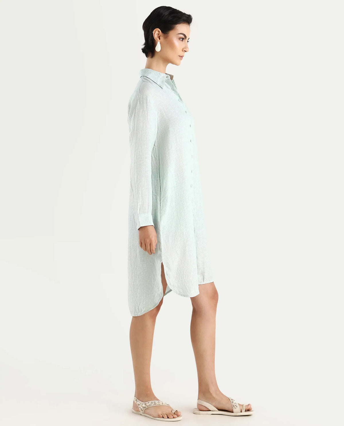 Rareism Women's Nentu Dusky Green 100% Linen Cuffed Sleeve Spread Collar Relaxed Fit Plain Dress