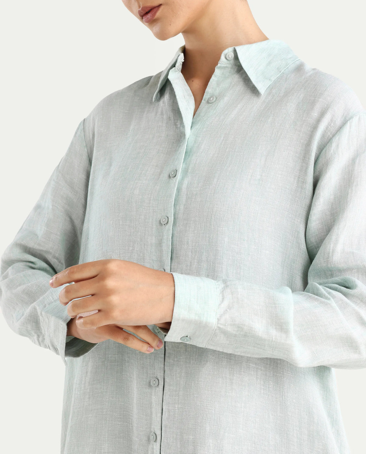 Rareism Women's Nentu Dusky Green 100% Linen Cuffed Sleeve Spread Collar Relaxed Fit Plain Dress