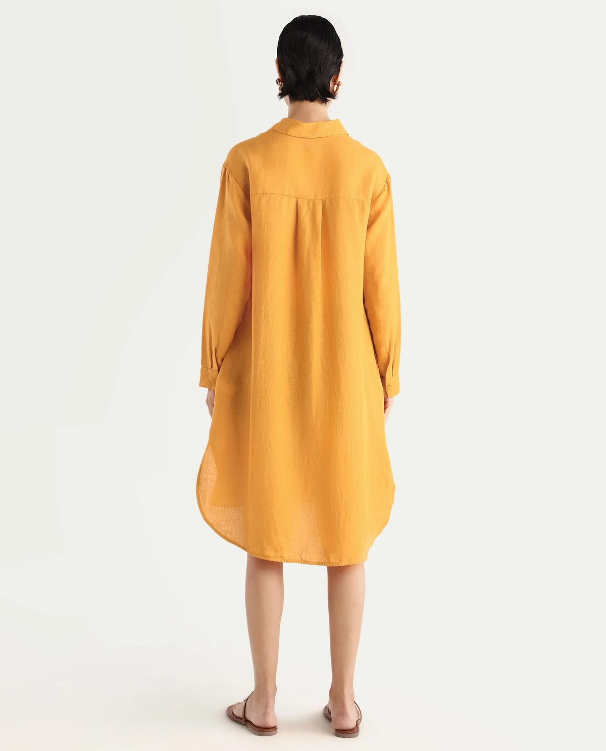 Rareism Women's Nentu Orange 100% Linen Cuffed Sleeve Spread Collar Relaxed Fit Plain Dress