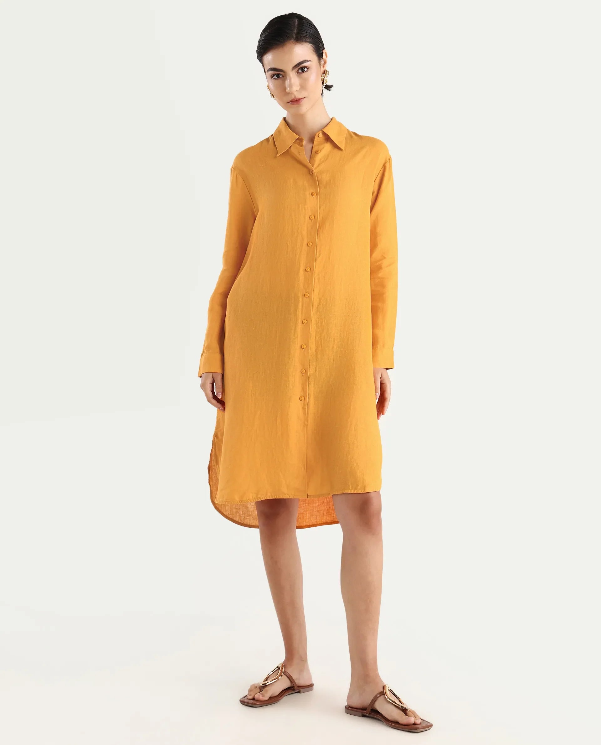 Rareism Women's Nentu Orange 100% Linen Cuffed Sleeve Spread Collar Relaxed Fit Plain Dress