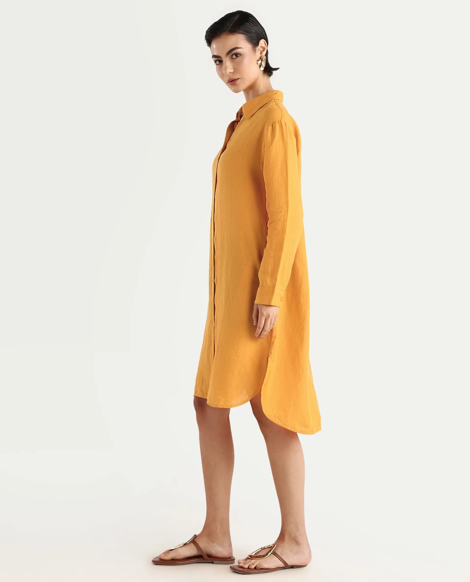 Rareism Women's Nentu Orange Linen Cuffed Sleeve Spread Collar Relaxed Fit Plain Dress