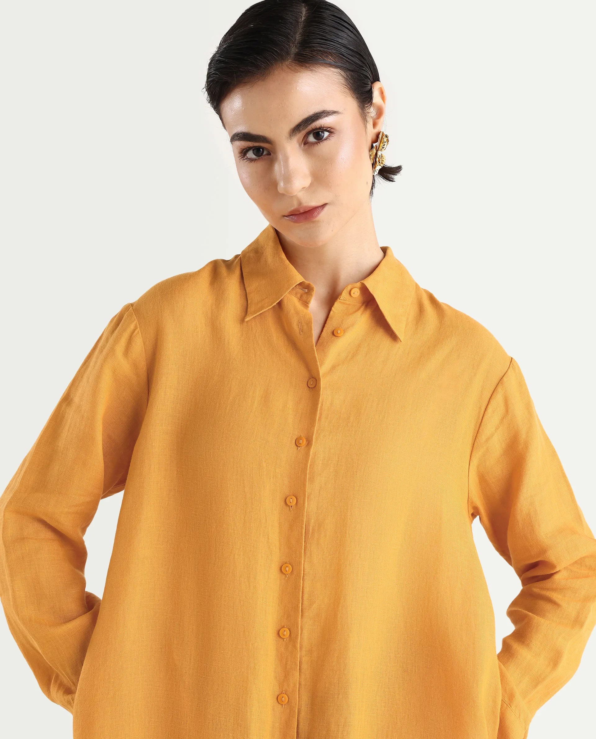 Rareism Women's Nentu Orange Linen Cuffed Sleeve Spread Collar Relaxed Fit Plain Dress