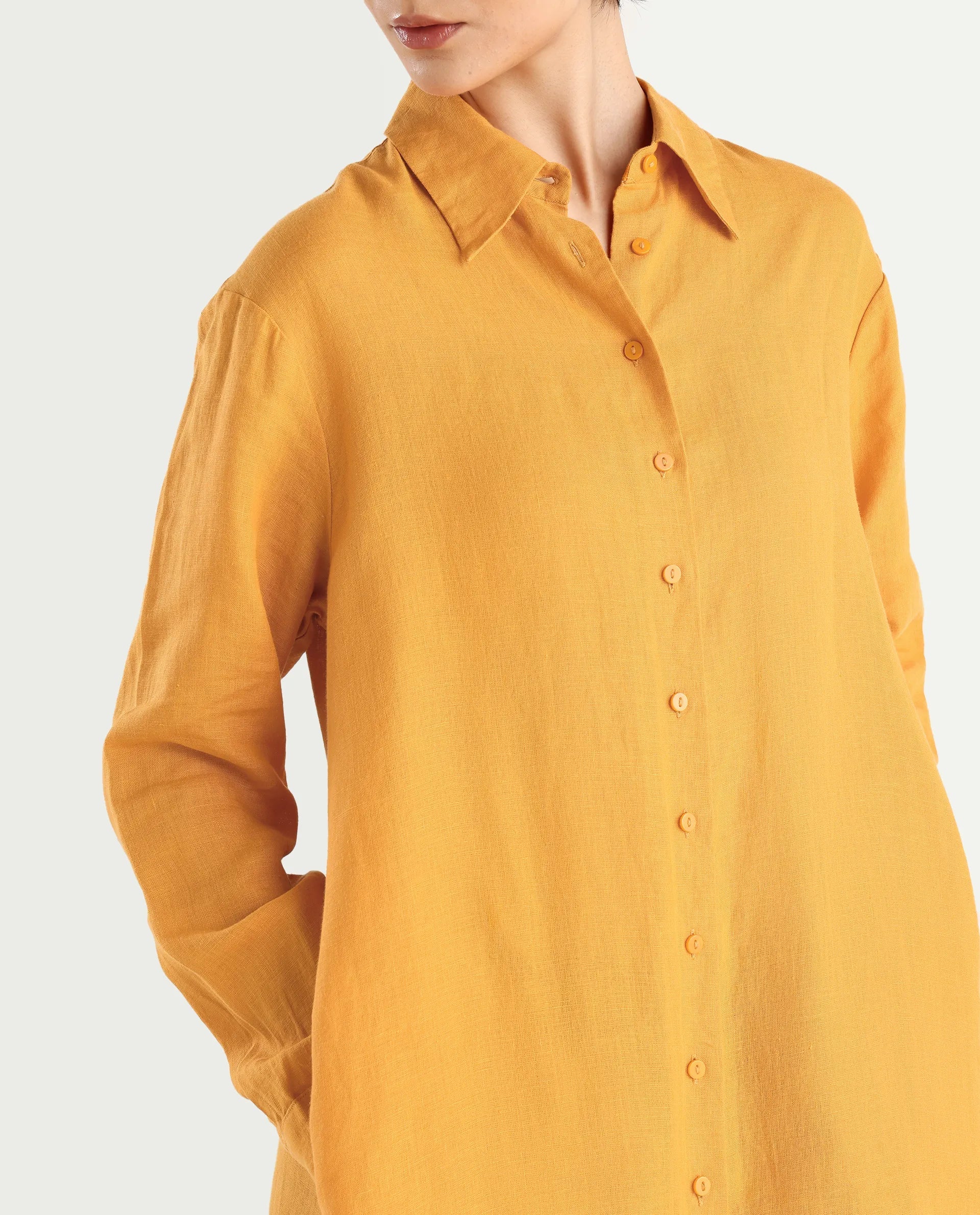 Rareism Women's Nentu Orange Linen Cuffed Sleeve Spread Collar Relaxed Fit Plain Dress