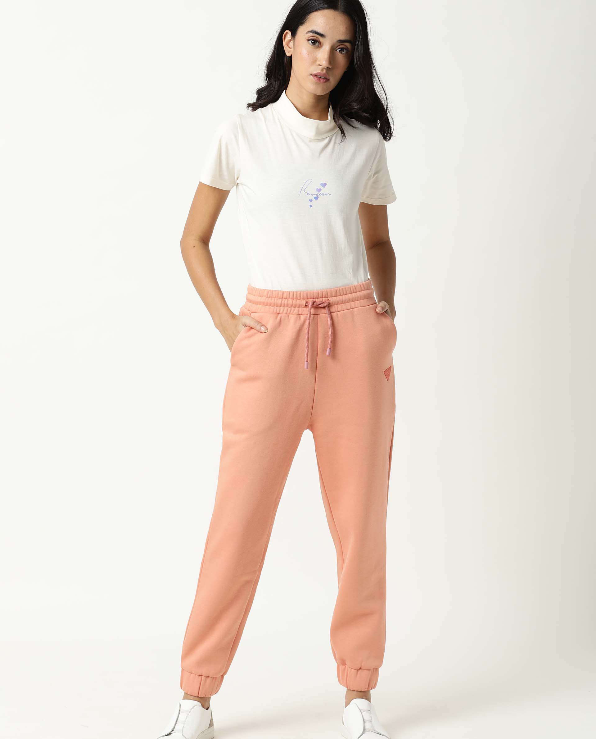 Rareism Women Neo Orange Poly Cotton Fabric Tailored Fit Solid Mid Rise Ankle Length Track Pant
