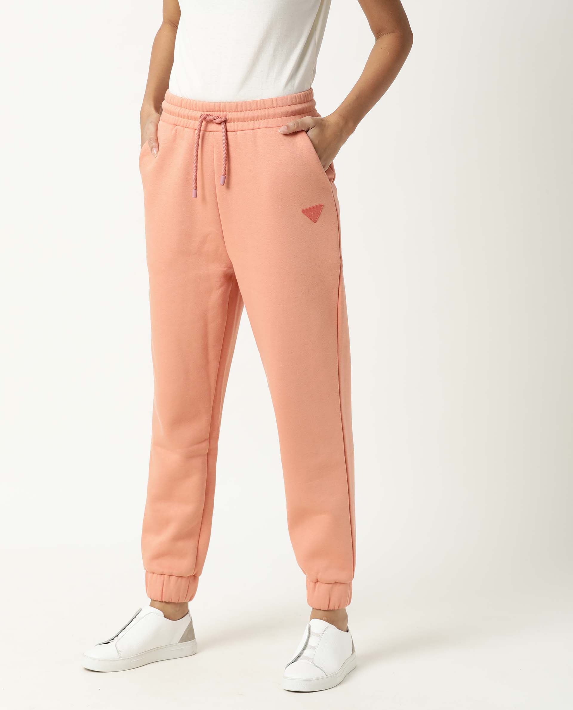 Rareism Women Neo Orange Poly Cotton Fabric Tailored Fit Solid Mid Rise Ankle Length Track Pant