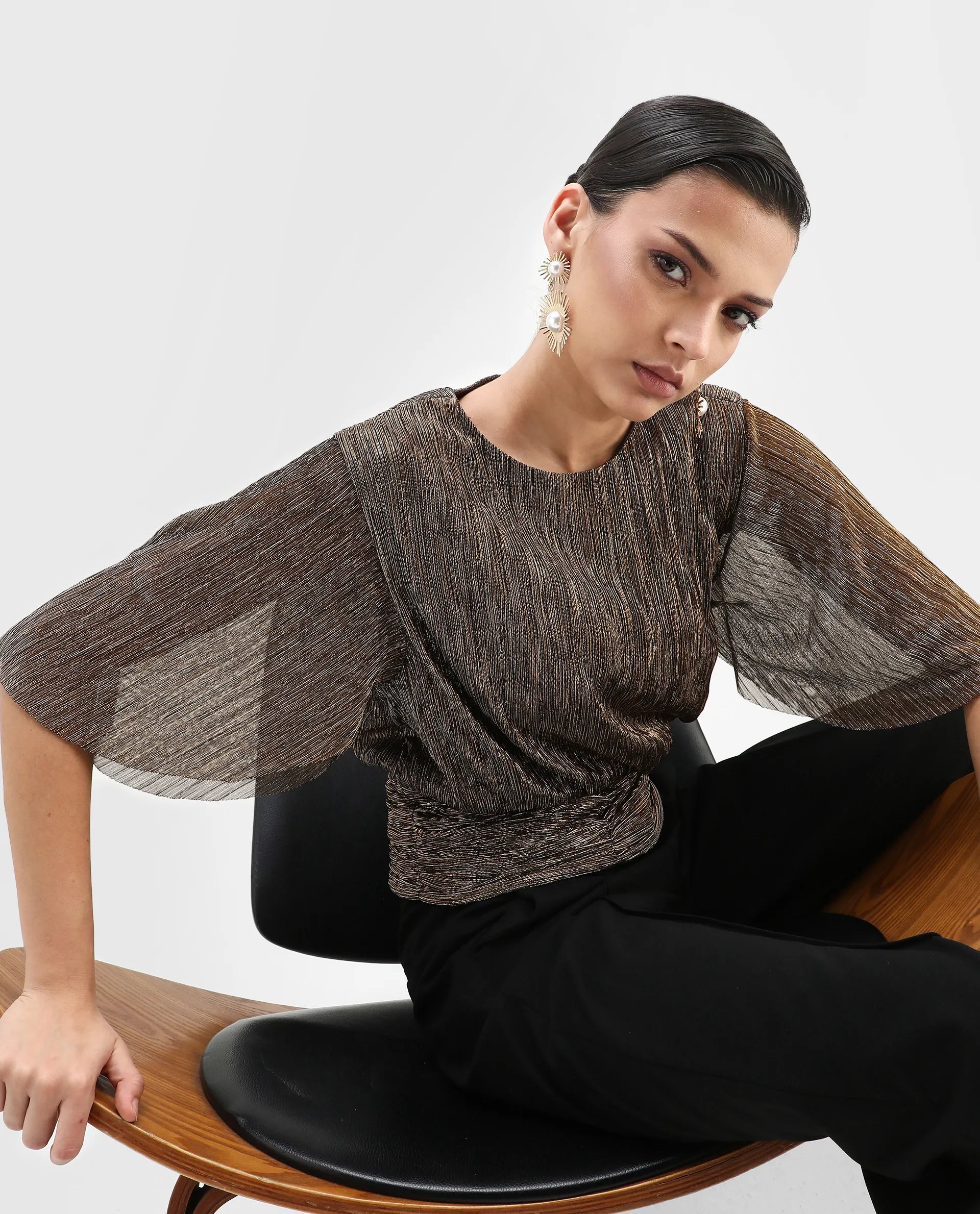 Rareism Women's Nergi Metalic Gold Polyester V-Neck Shimmer Puff Sleeves Regular Fit Top