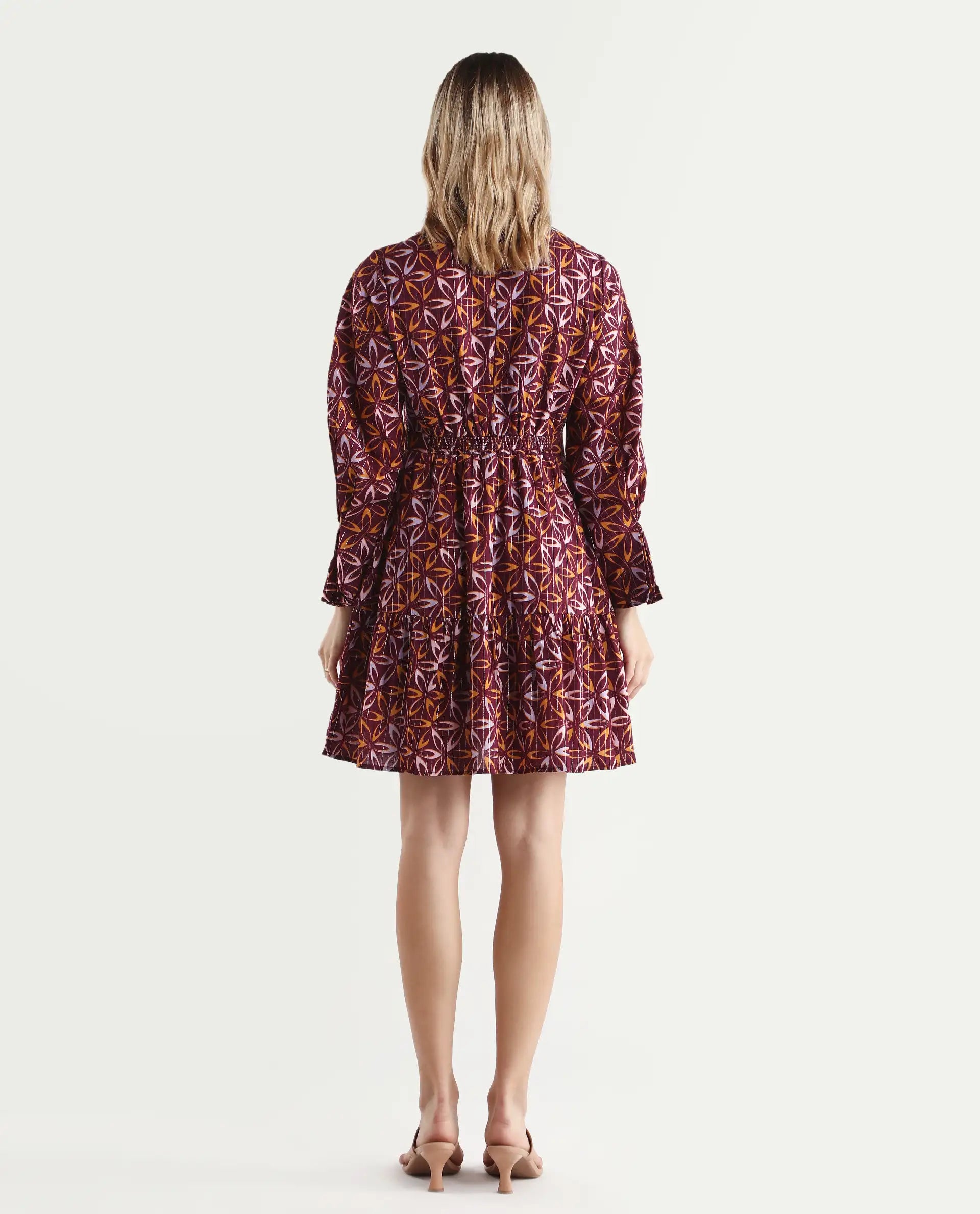 Rareism Women's Nesia Multi Cotton Sweetheart Neck Geometric Print Puff Sleeves Knee Length Tiered Dress