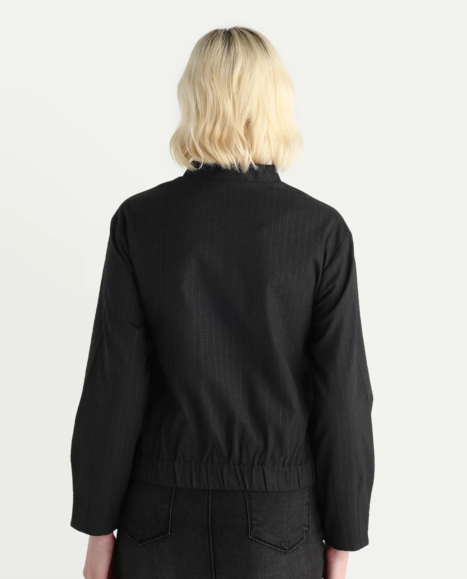 Rareism Women's Nestri Black Polyester Mandrin Collar Regular Fit Plain Jacket