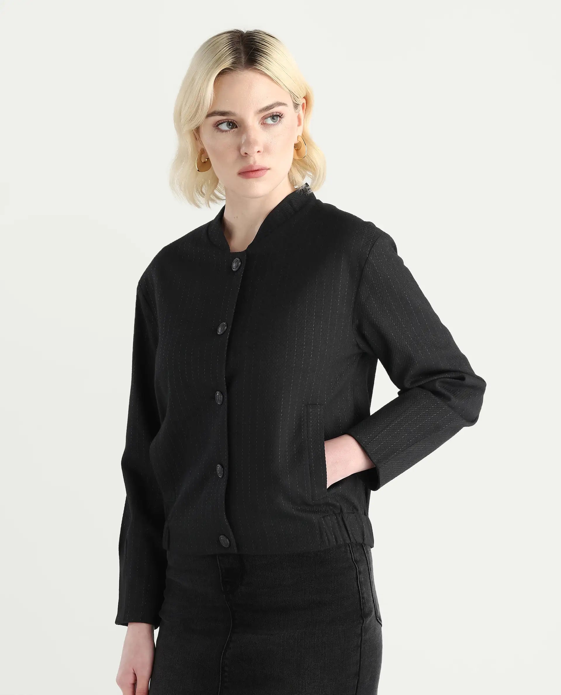 Rareism Women's Nestri Black Polyester Mandrin Collar Regular Fit Plain Jacket